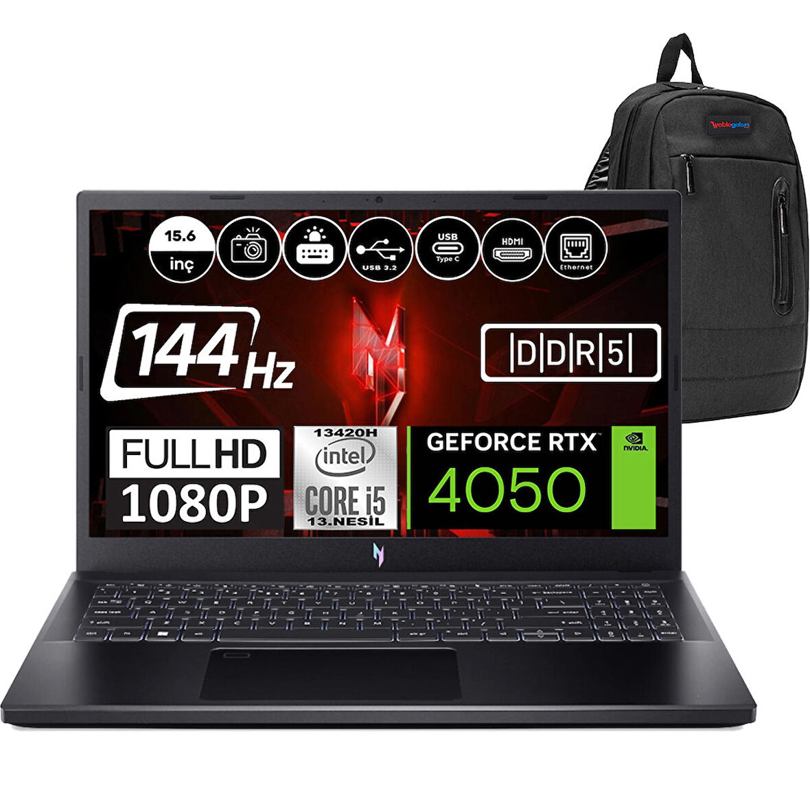 Acer Nitro V15 ANV15-51-57XV Intel Core i5 13420H DDR5 16GB 2TB SSD RTX4050-6GB Windows 11 Home 15.6" 144HZ FHD Taşınabilir Bilgisayar NHQNBEYH03  + Zetta Çanta