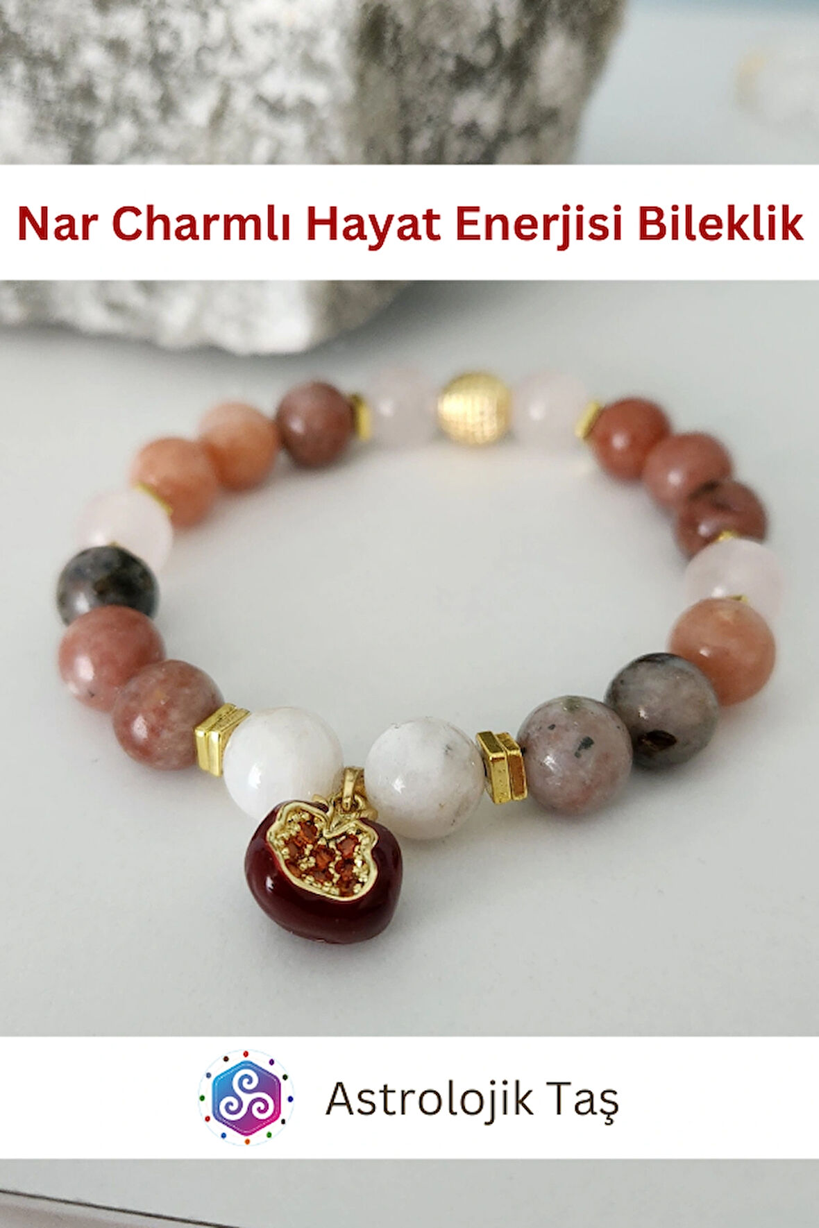 Nar Charmlı Hayat Enerjisi Doğal Taş Bileklik - Jasper & Ay Taşı