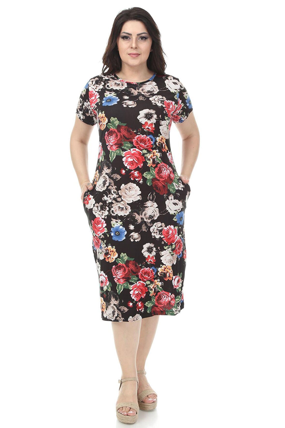 Siyah Desenli Cepli Büyük Beden Elbise 16C-1166