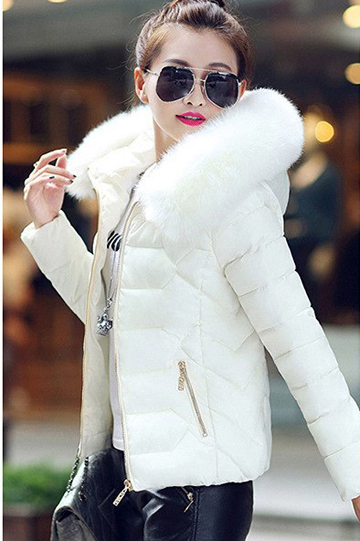 Kürklü Kapüşonlu Kadın Şişme Mont