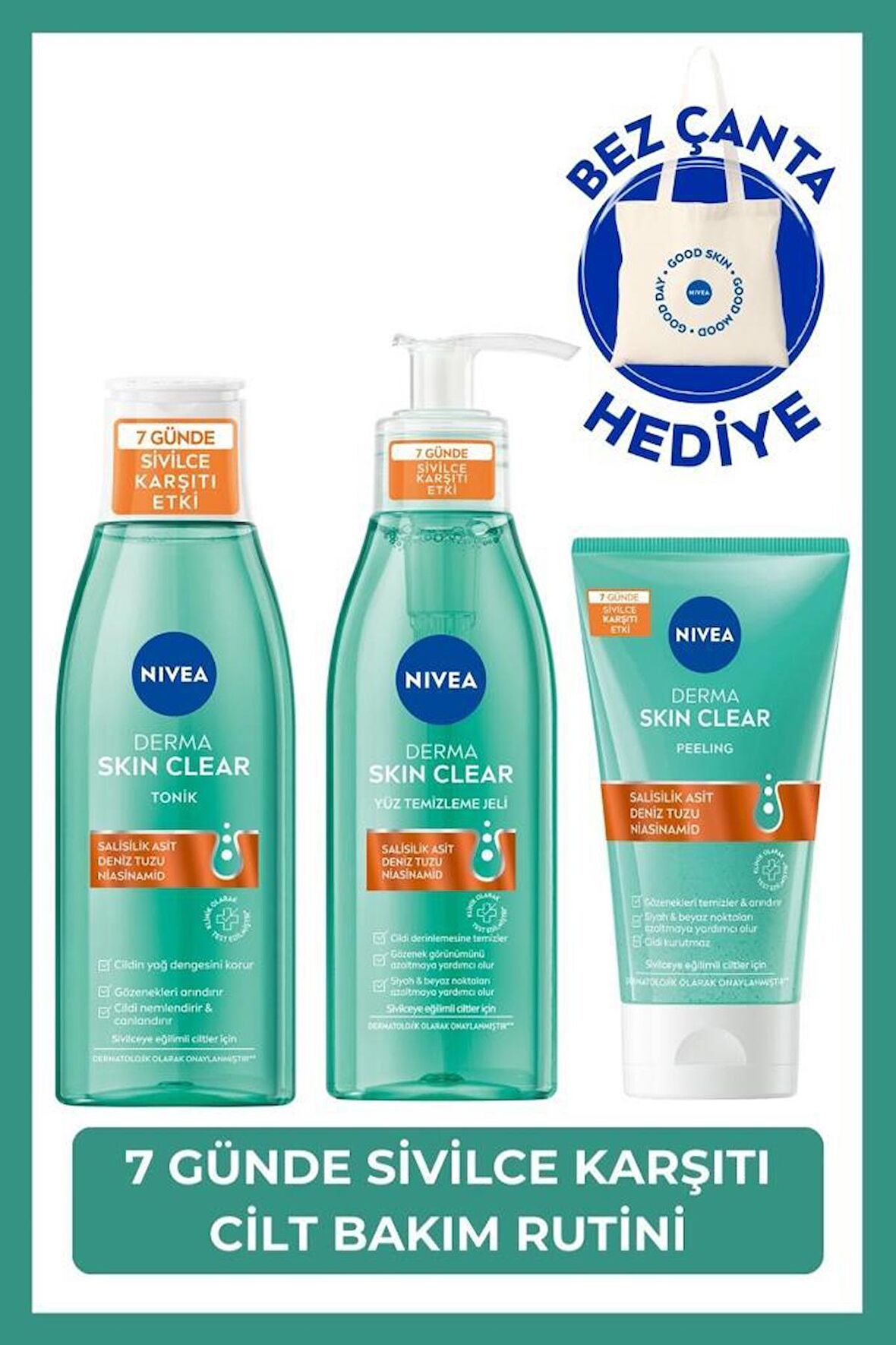 NIVEA Derma Skin Clear Sivilce Karşıtı Yüz Temizleme Jeli 150ml, Nemlendirici Tonik 200ml ve Peeling 150ml, Yağlı Cilt, Bez Çanta Hediyeli