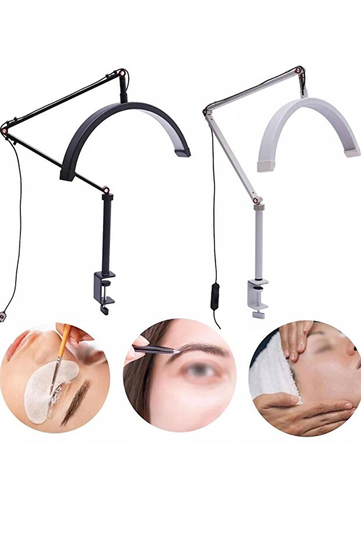 Profesyonel Yarım Ay Güzellik ve Manikür LED Masa Lambası – 3 Renk Işıklı, Kelepçeli, Ayarlanabilir Kol