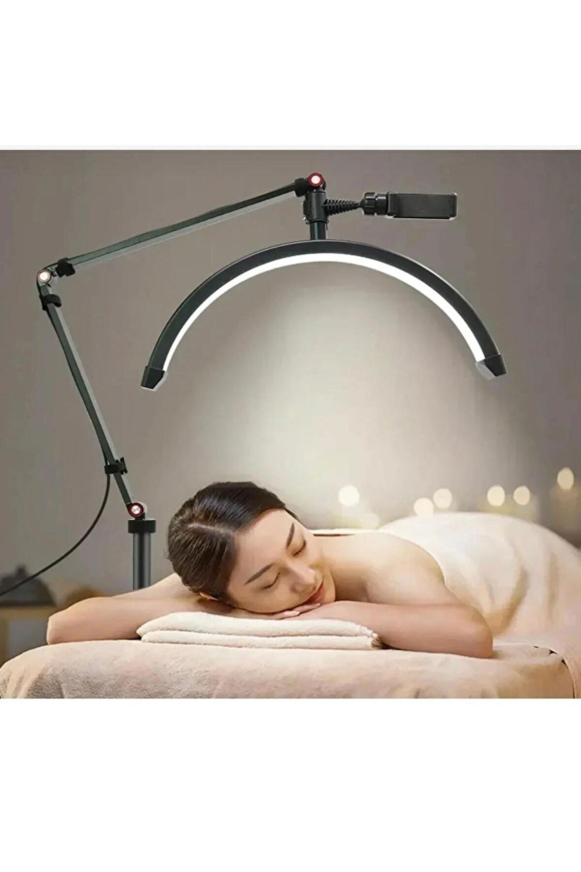 Profesyonel Yarım Ay Güzellik ve Manikür LED Masa Lambası – 3 Renk Işıklı, Kelepçeli, Ayarlanabilir Kol ve Telefon Tutuculu