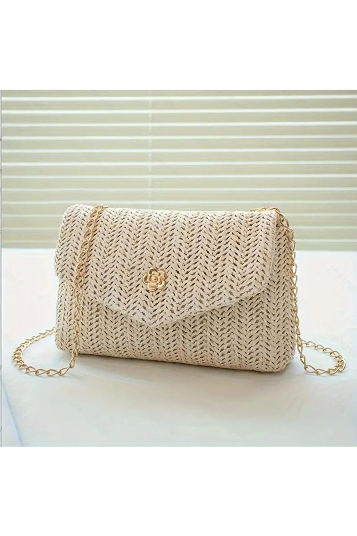 Dokuma Düz Renk Dokuma Bej Mıknatıslı Omuz Çantası