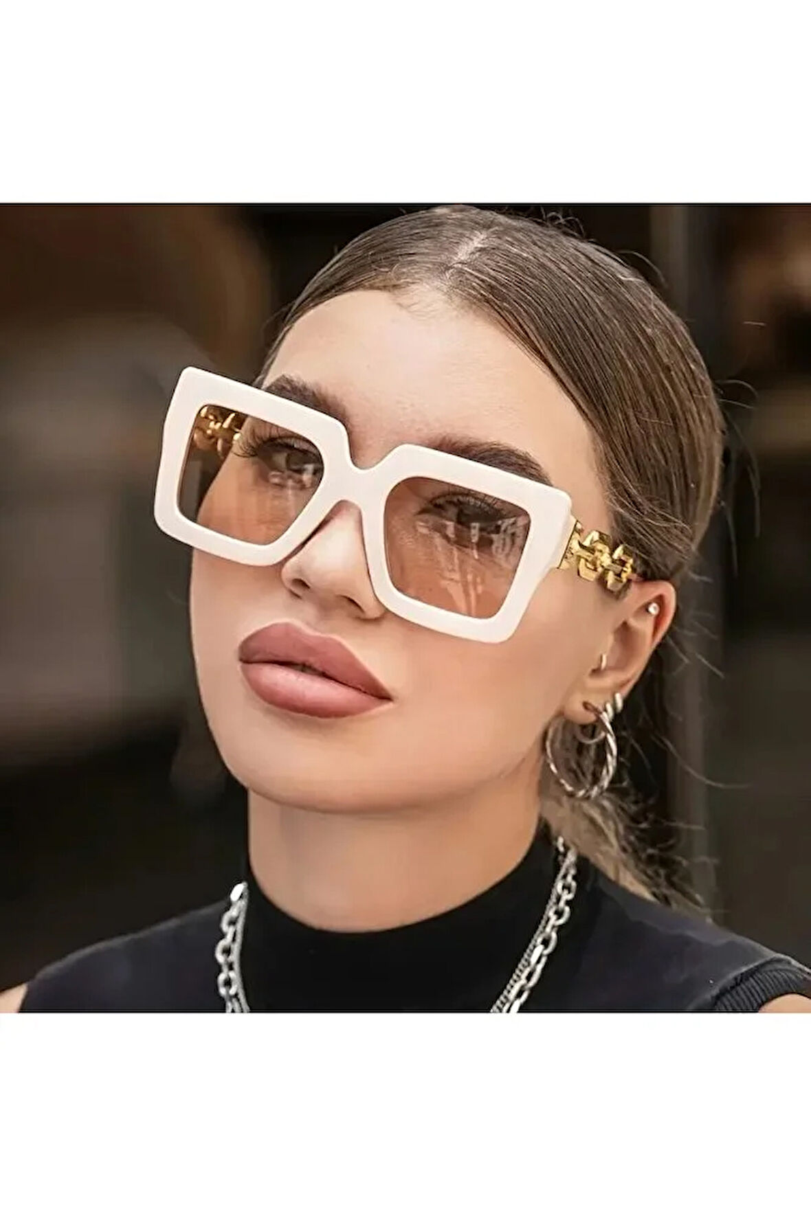 Kadın Büyük Kare Moda Gözlüğü Bej Renk