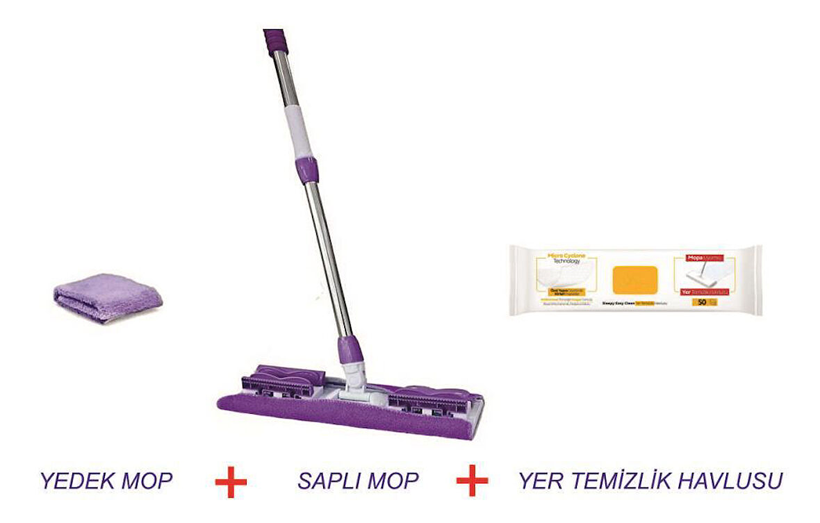 Tak Kullan Mandallı Mop Teleskopik Saplı + Yedek Mop + Yer Temizlik Havlusu