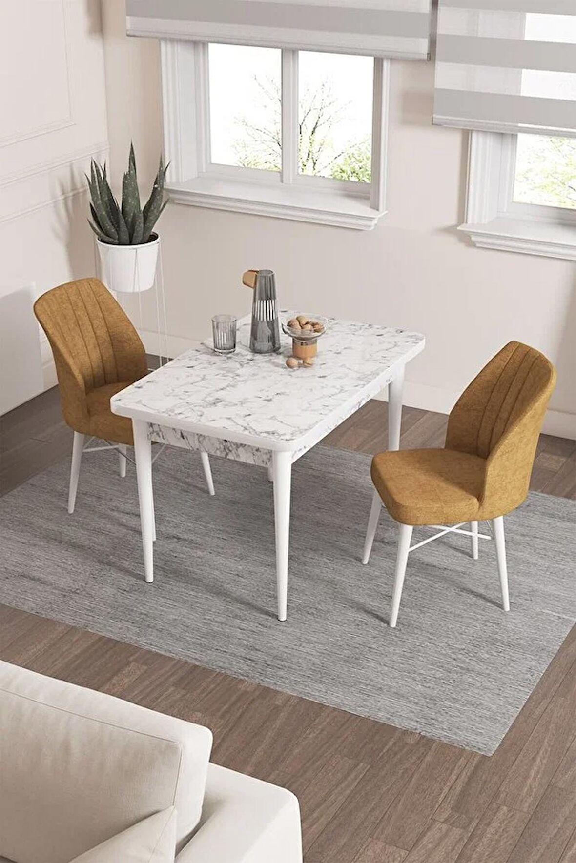 Rovena Lera Beyaz Mermer 70x110 Sabit Mdf Yemek Odası Takımı 2 Adet Sandalye