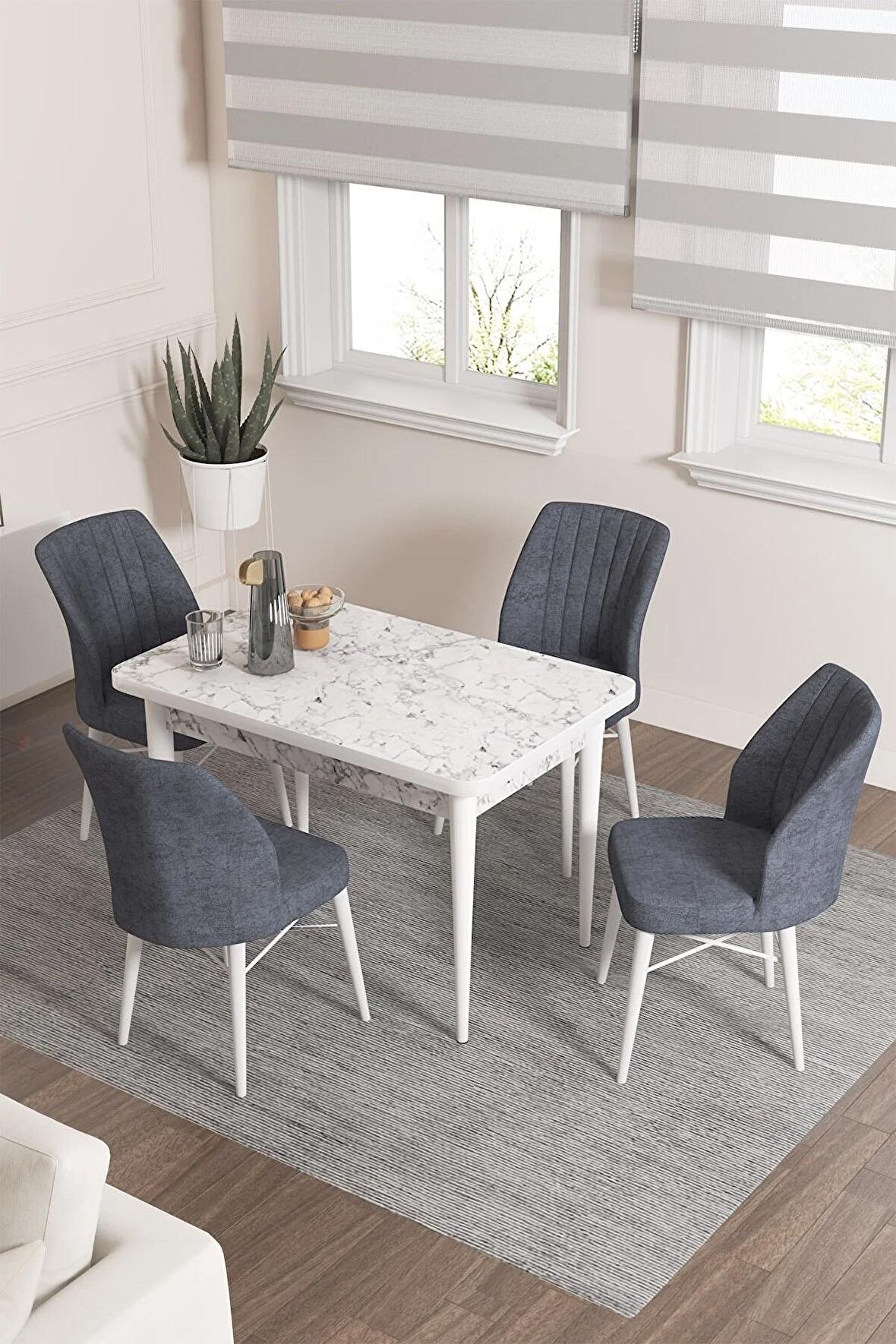 Rovena Lera Beyaz Mermer 70x110 Sabit Mdf Yemek Odası Takımı 4 Adet Sandalye