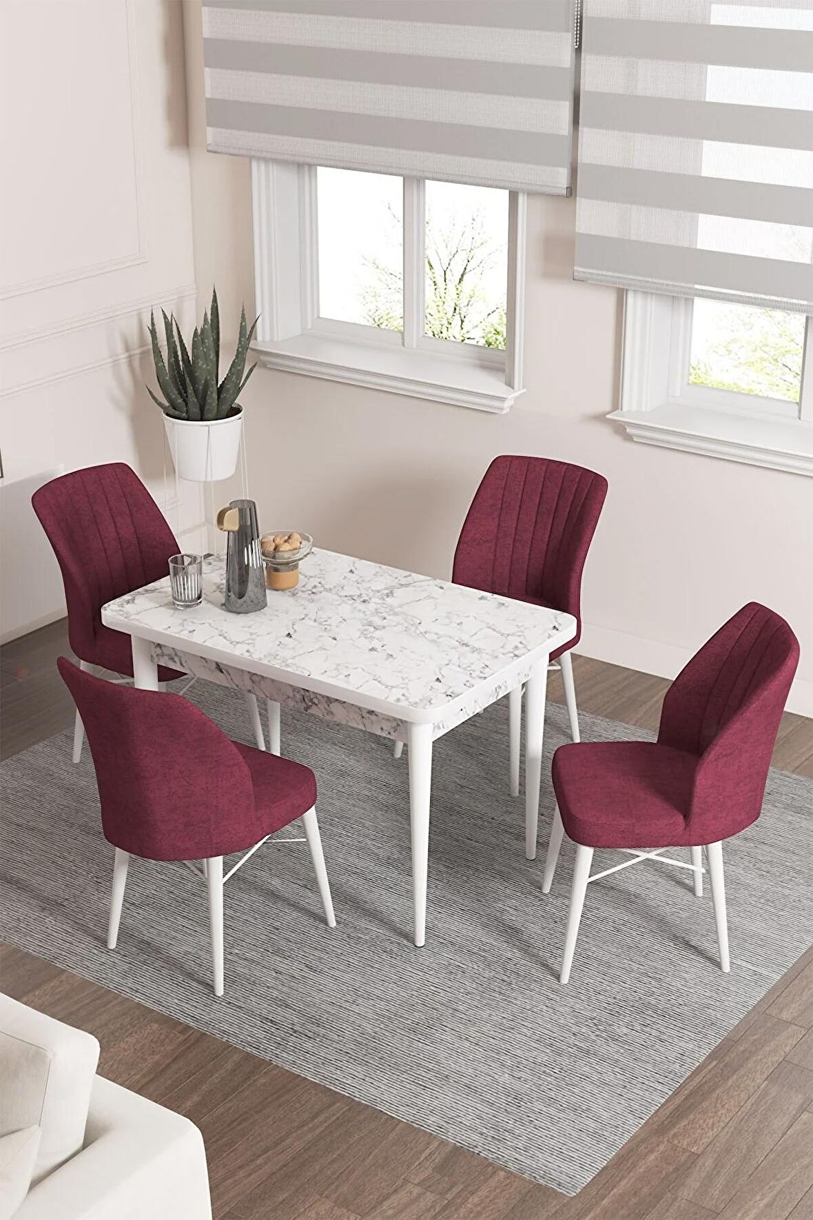 Rovena Lera Beyaz Mermer 70x110 Sabit Mdf Yemek Odası Takımı 4 Adet Sandalye