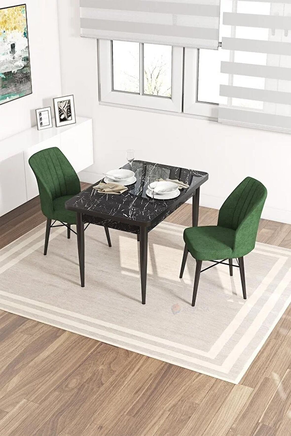 Rovena Lera Siyah Mermer 70x110 Sabit Mdf Yemek Odası Takımı 2 Adet Sandalye