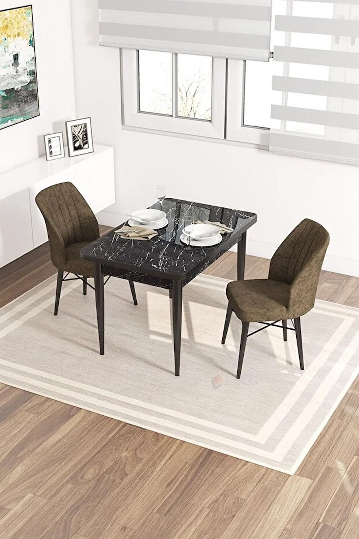 Rovena Lera Siyah Mermer 70x110 Sabit Mdf Yemek Odası Takımı 2 Adet Sandalye