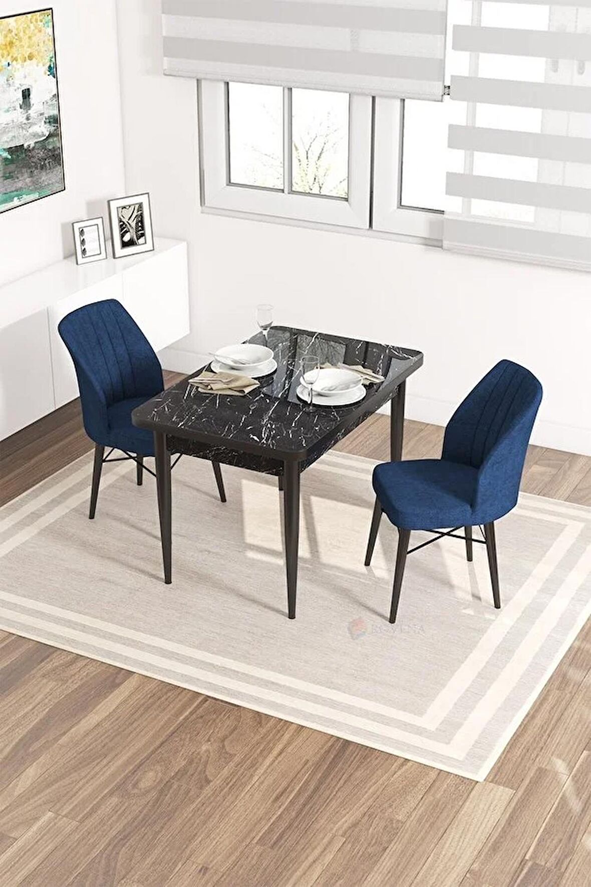 Rovena Lera Siyah Mermer 70x110 Sabit Mdf Yemek Odası Takımı 2 Adet Sandalye
