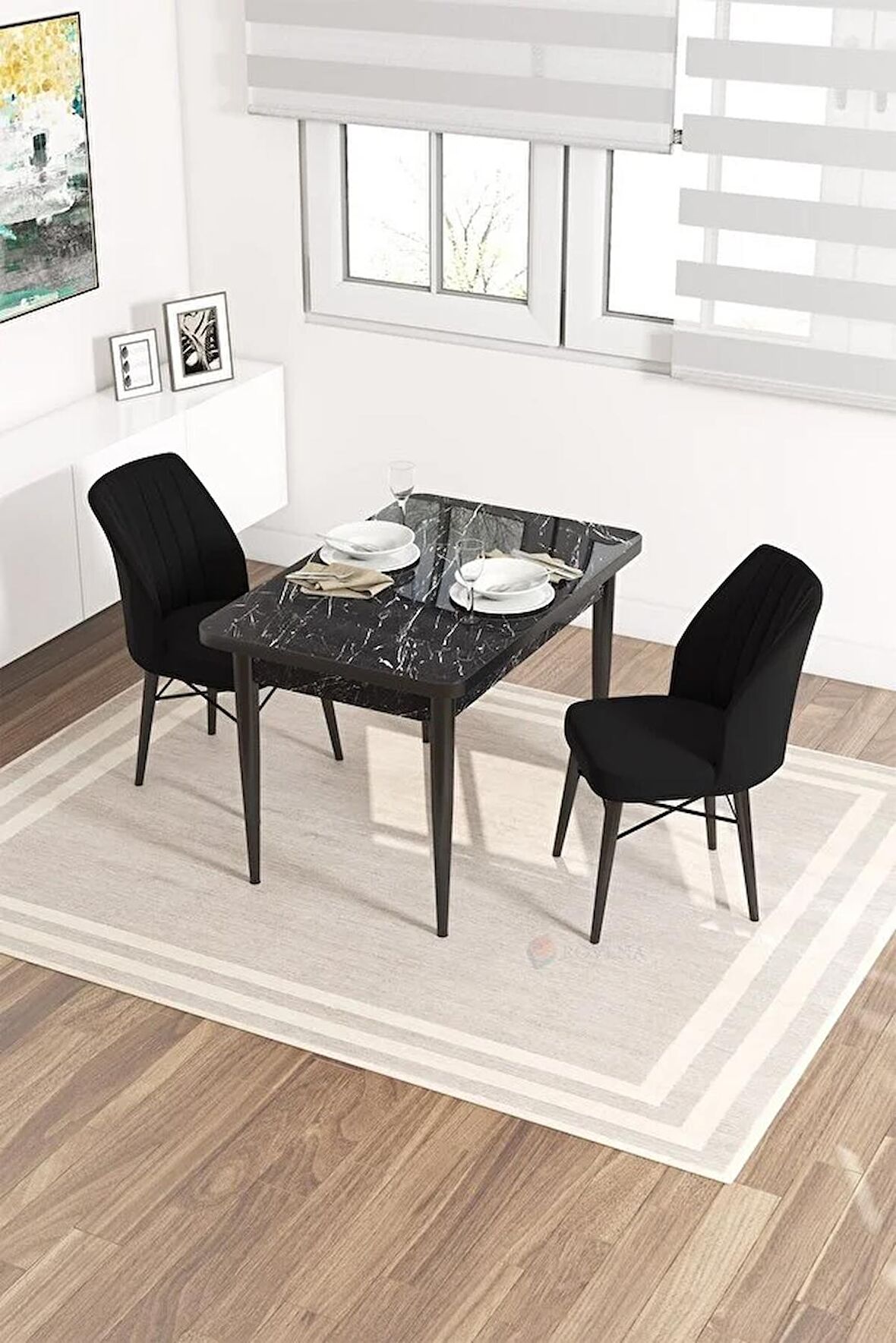 Rovena Lera Siyah Mermer 70x110 Sabit Mdf Yemek Odası Takımı 2 Adet Sandalye