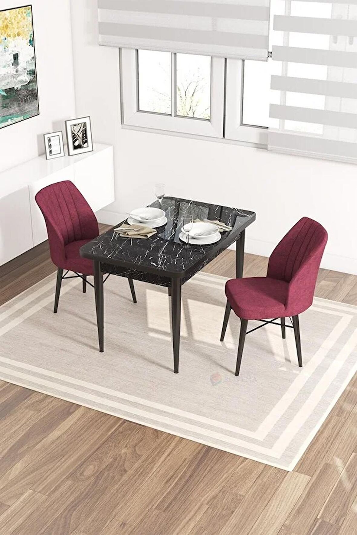 Rovena Lera Siyah Mermer 70x110 Sabit Mdf Yemek Odası Takımı 2 Adet Sandalye