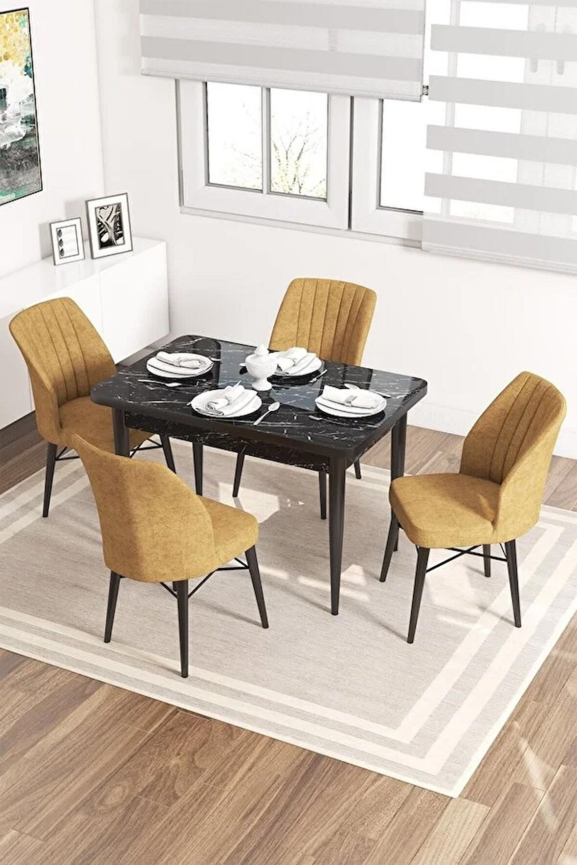 Rovena Lera Siyah Mermer 70x110 Sabit Mdf Yemek Odası Takımı 4 Adet Sandalye