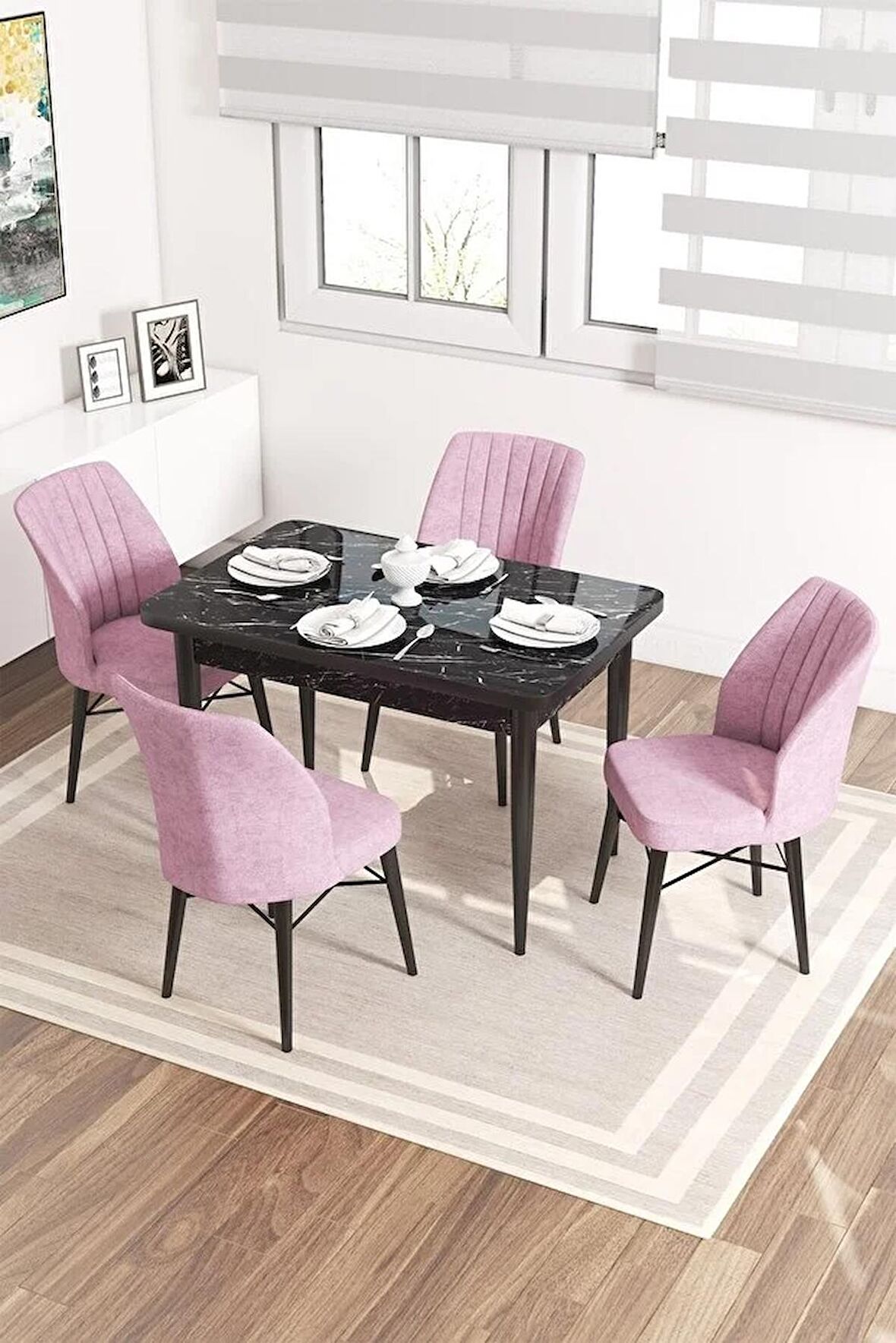 Rovena Lera Siyah Mermer 70x110 Sabit Mdf Yemek Odası Takımı 4 Adet Sandalye