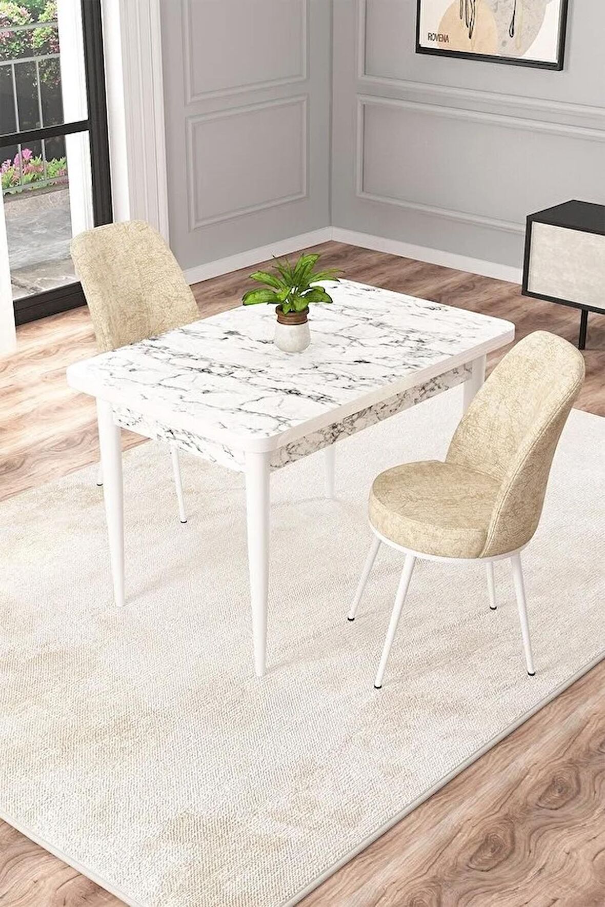 Rovena Duru Beyaz Mermer 70x110 Sabit Mdf Yemek Odası Takımı 2 Adet Sandalye