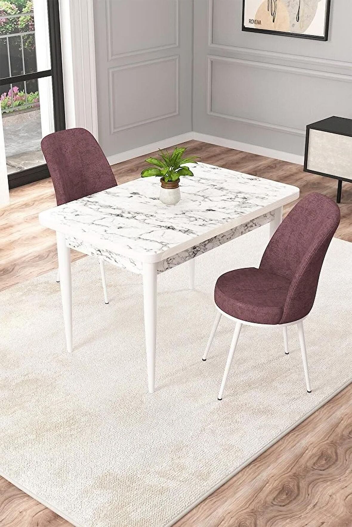 Rovena Duru Beyaz Mermer 70x110 Sabit Mdf Yemek Odası Takımı 2 Adet Sandalye
