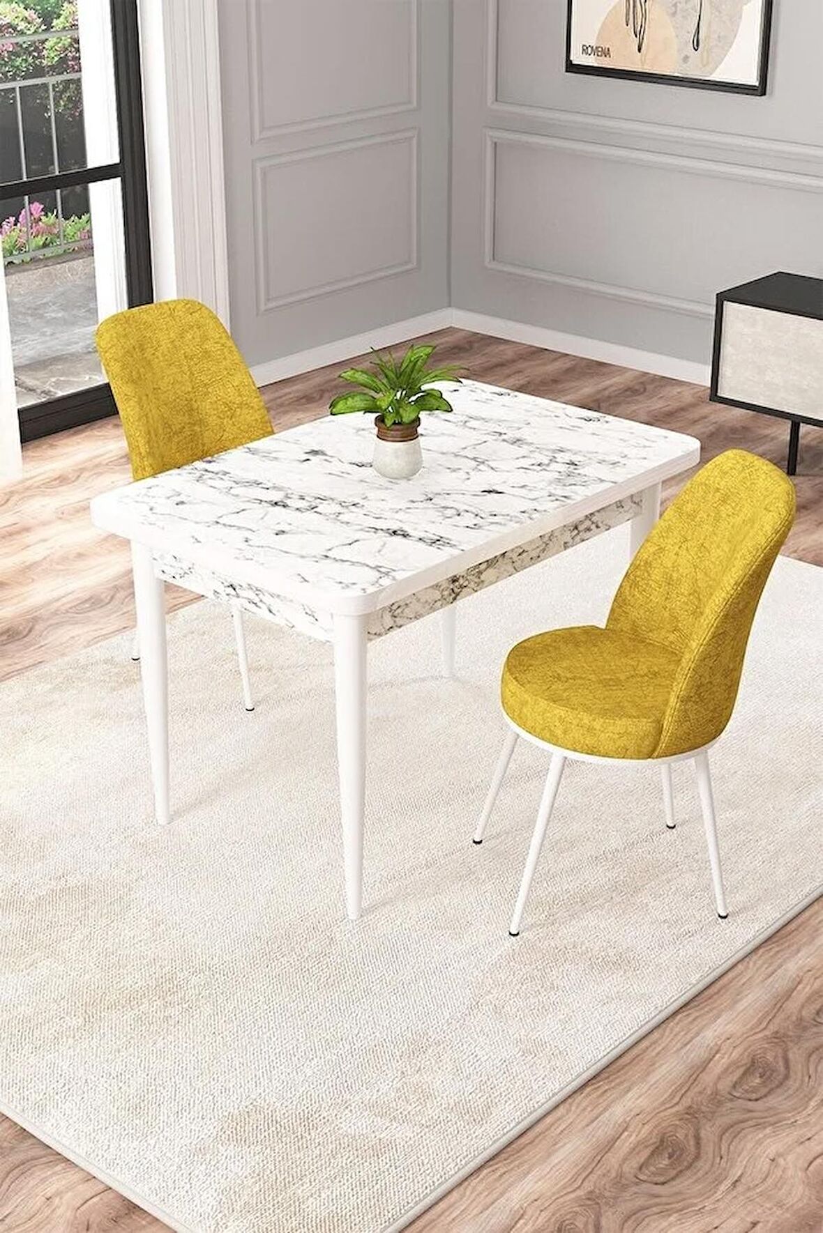 Rovena Duru Beyaz Mermer 70x110 Sabit Mdf Yemek Odası Takımı 2 Adet Sandalye