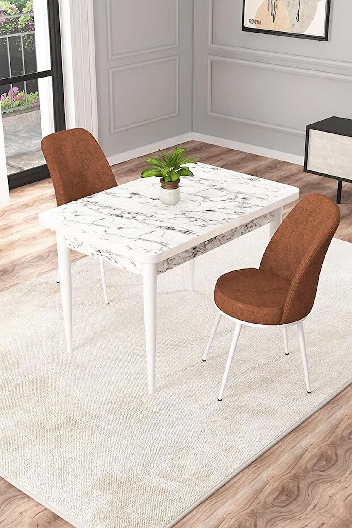 Rovena Duru Beyaz Mermer 70x110 Sabit Mdf Yemek Odası Takımı 2 Adet Sandalye