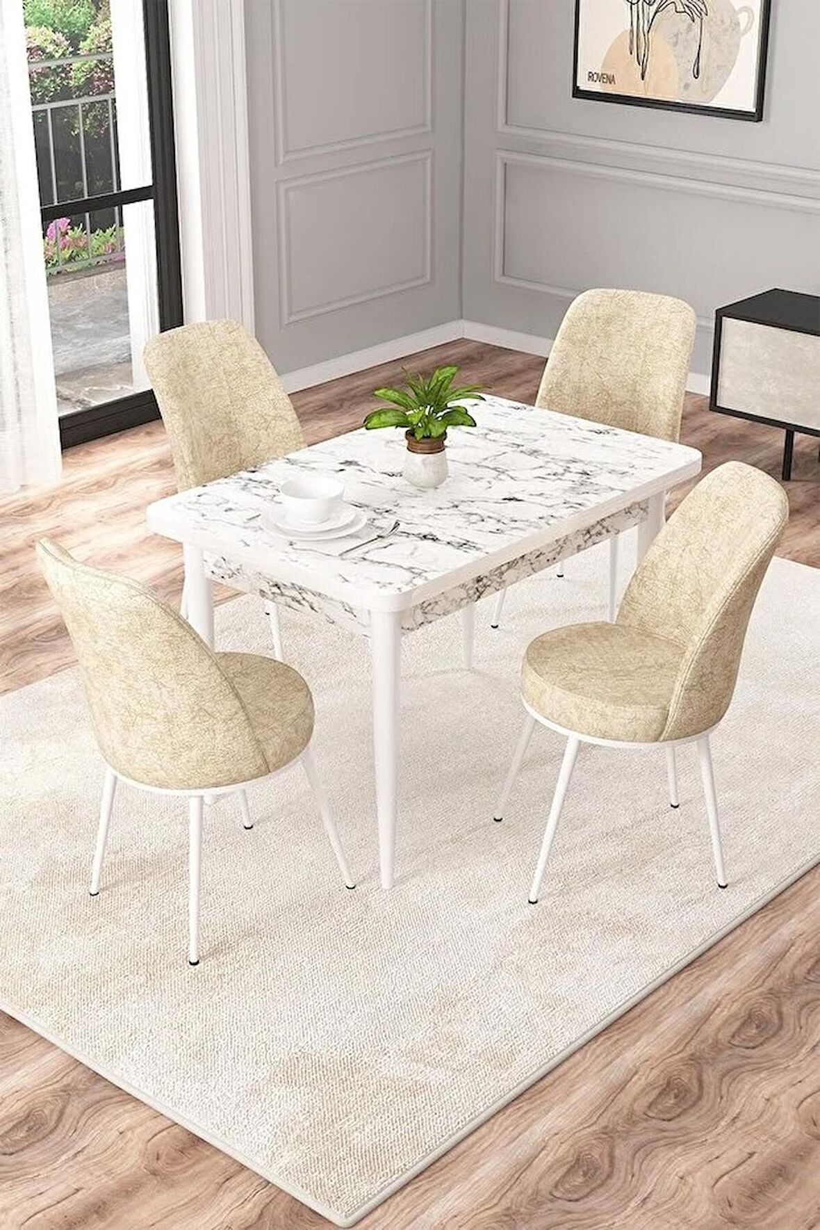 Rovena Duru Beyaz Mermer 70x110 Sabit Mdf Yemek Odası Takımı 4 Adet Sandalye