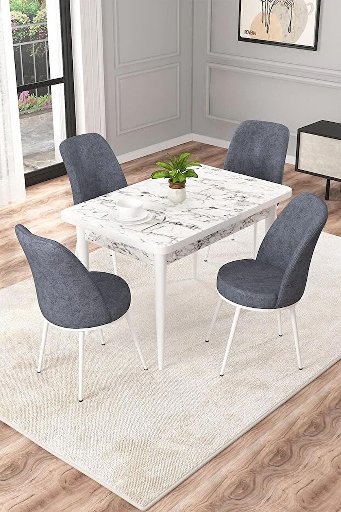Rovena Duru Beyaz Mermer 70x110 Sabit Mdf Yemek Odası Takımı 4 Adet Sandalye