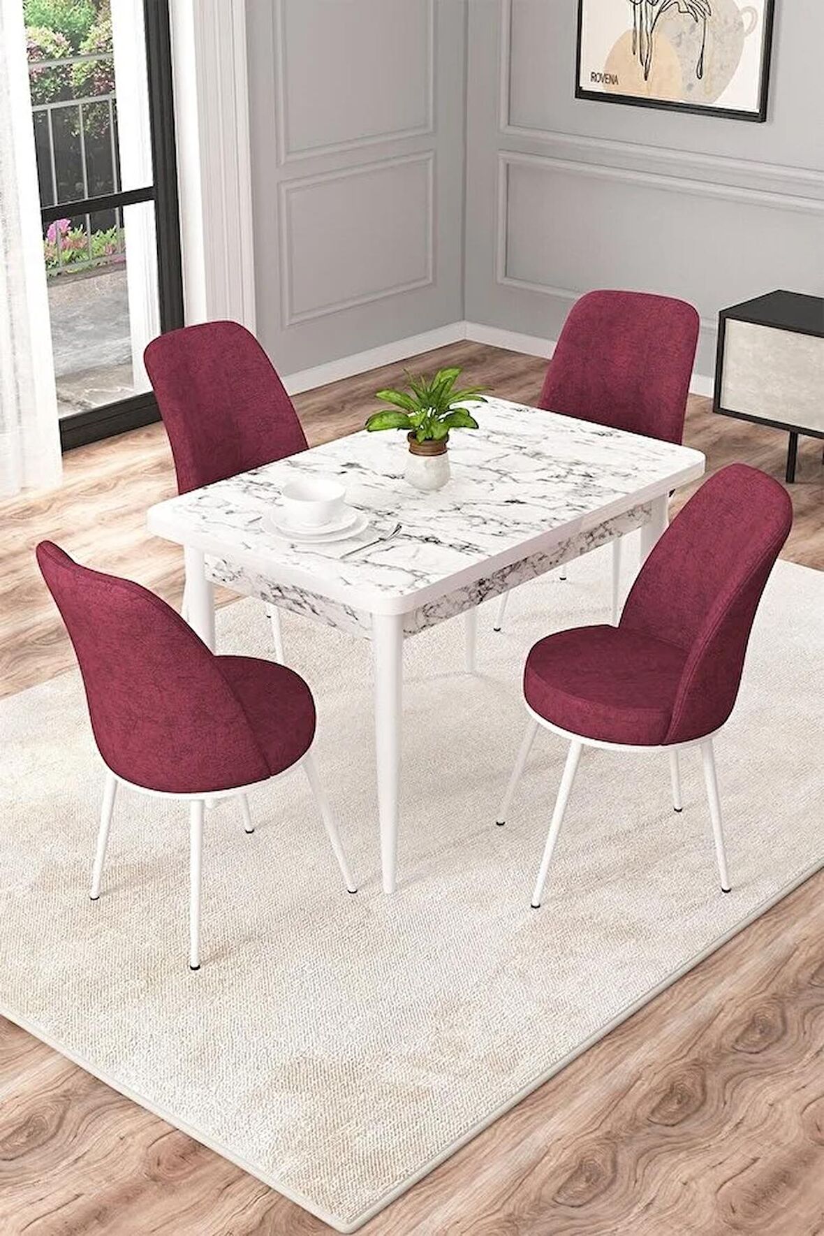 Rovena Duru Beyaz Mermer 70x110 Sabit Mdf Yemek Odası Takımı 4 Adet Sandalye