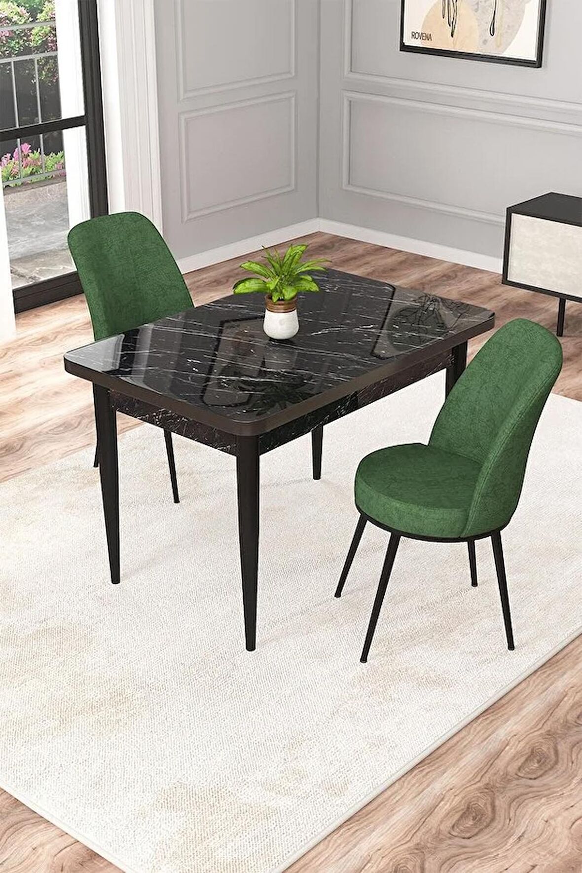 Rovena Duru Siyah Mermer 70x110 Sabit Mdf Yemek Odası Takımı 2 Adet Sandalye