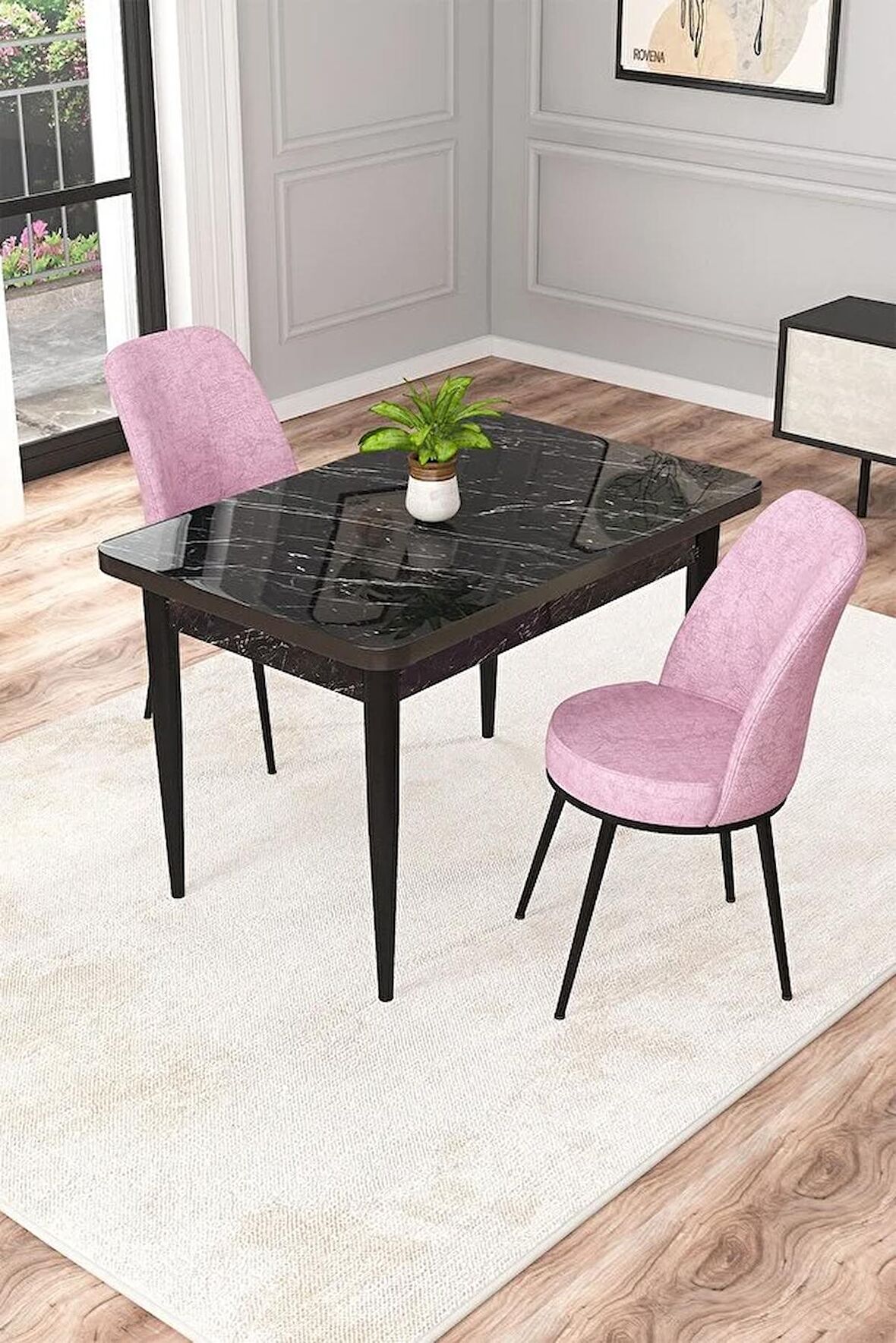Rovena Duru Siyah Mermer 70x110 Sabit Mdf Yemek Odası Takımı 2 Adet Sandalye