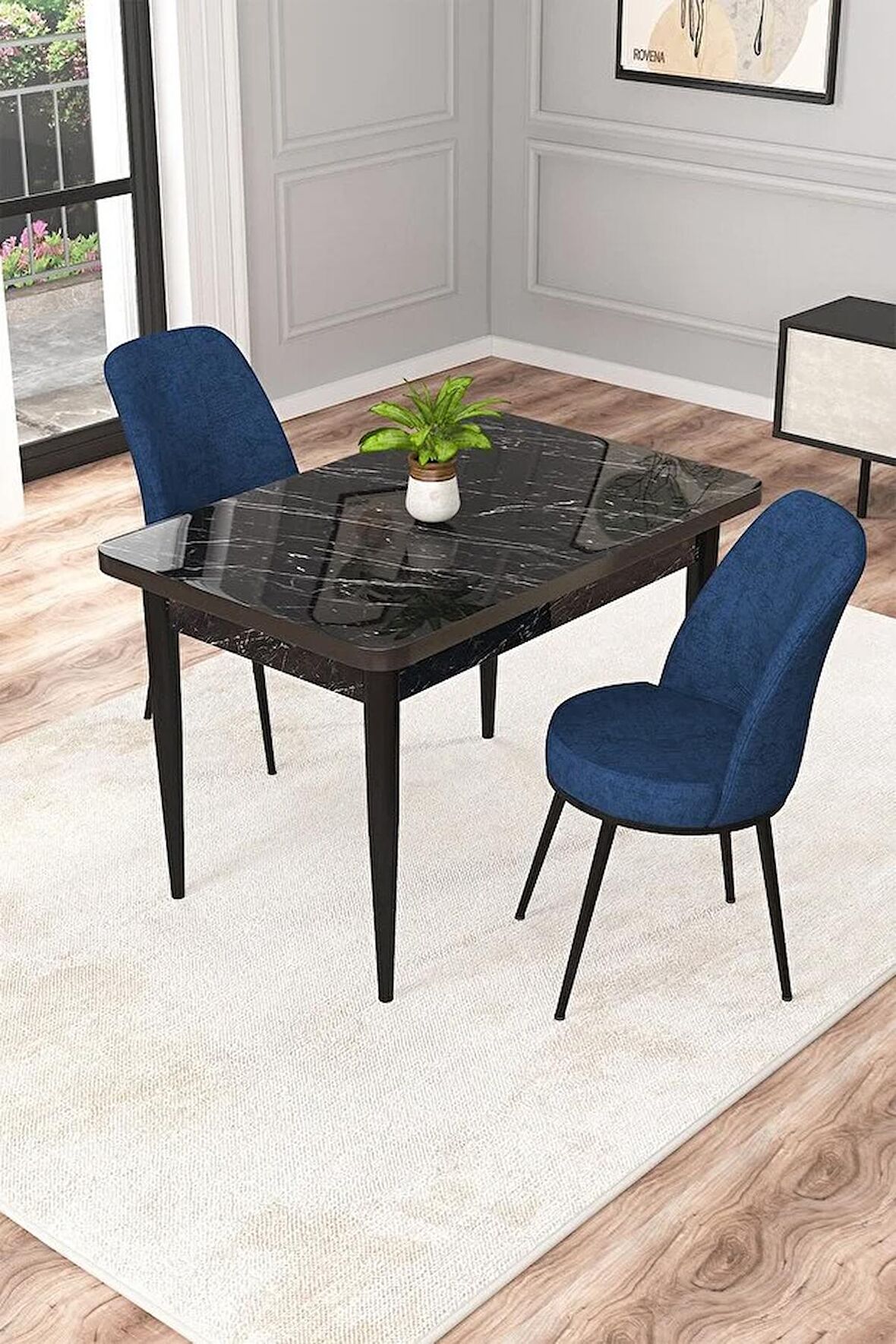 Rovena Duru Siyah Mermer 70x110 Sabit Mdf Yemek Odası Takımı 2 Adet Sandalye