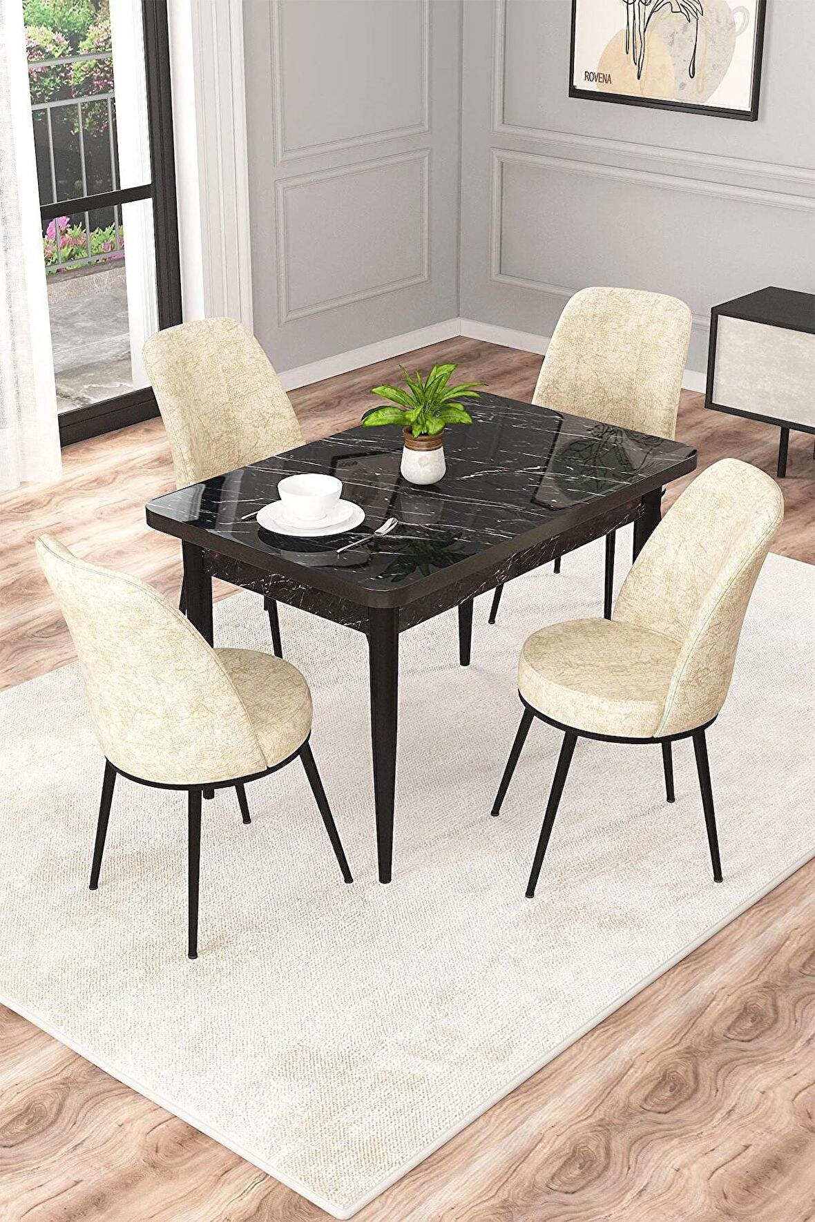 Rovena Duru Siyah Mermer 70x110 Sabit Mdf Yemek Odası Takımı 4 Adet Sandalye