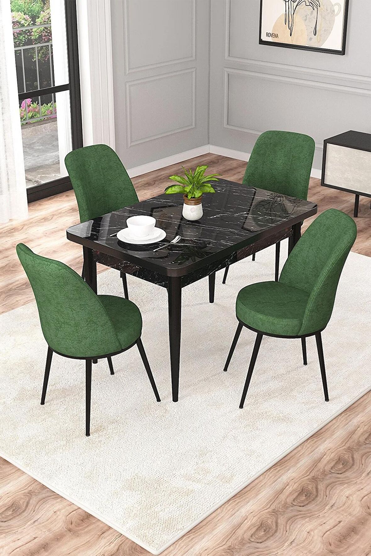 Rovena Duru Siyah Mermer 70x110 Sabit Mdf Yemek Odası Takımı 4 Adet Sandalye