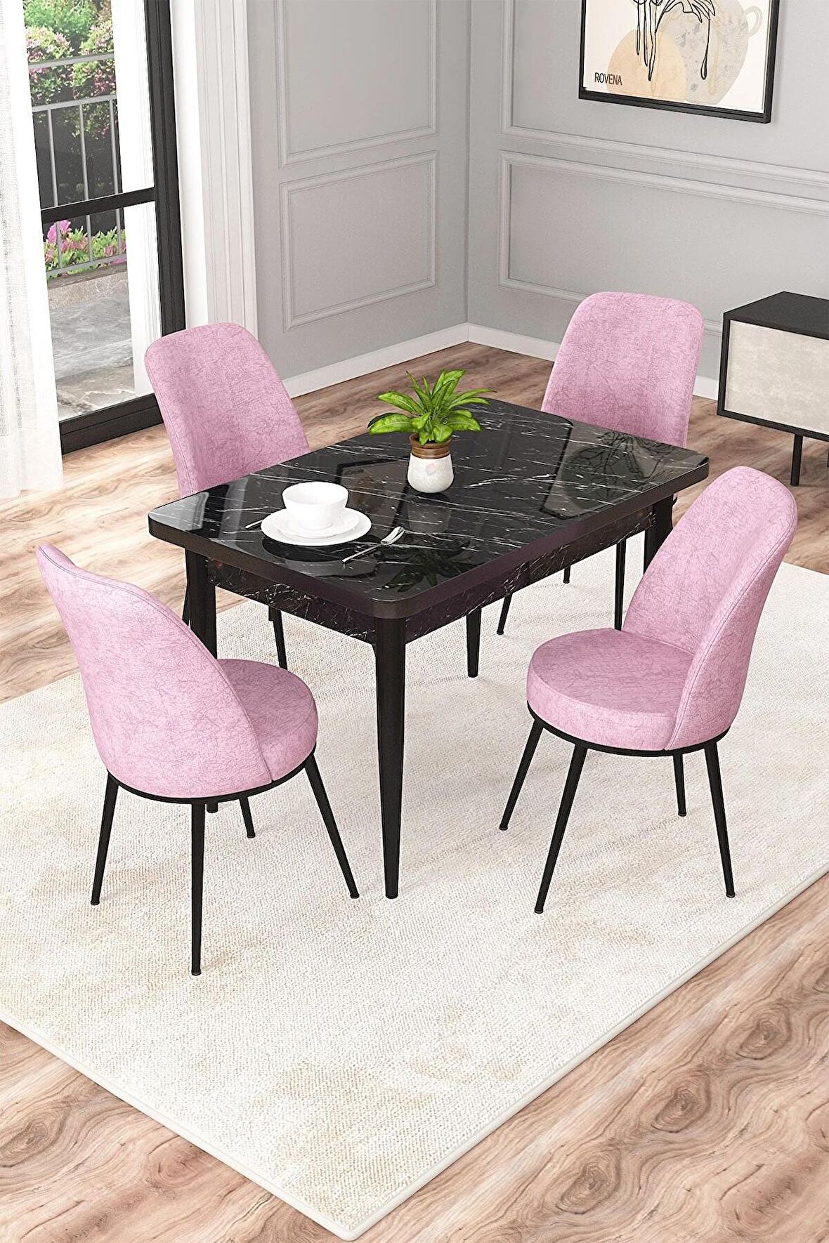 Rovena Duru Siyah Mermer 70x110 Sabit Mdf Yemek Odası Takımı 4 Adet Sandalye
