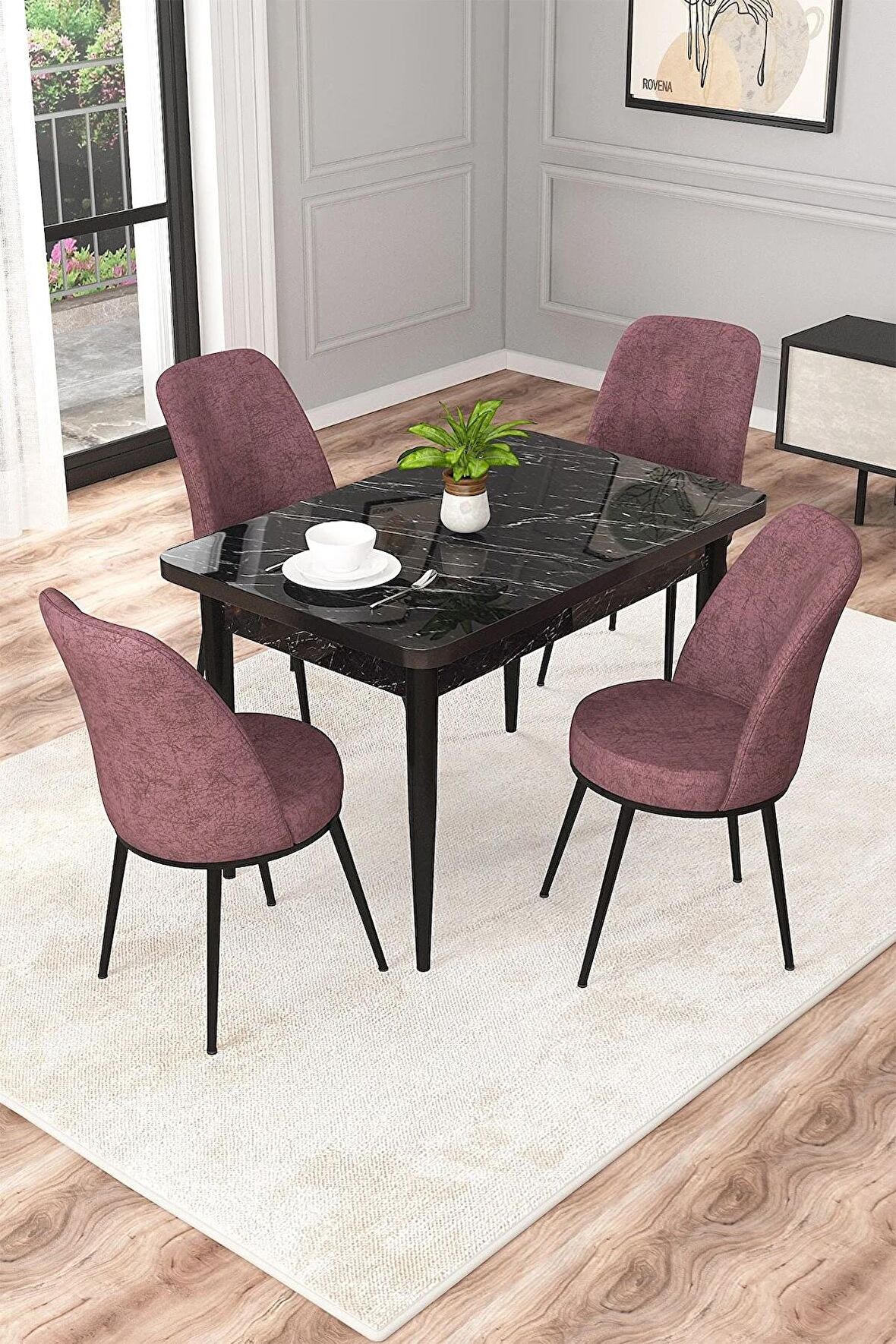 Rovena Duru Siyah Mermer 70x110 Sabit Mdf Yemek Odası Takımı 4 Adet Sandalye