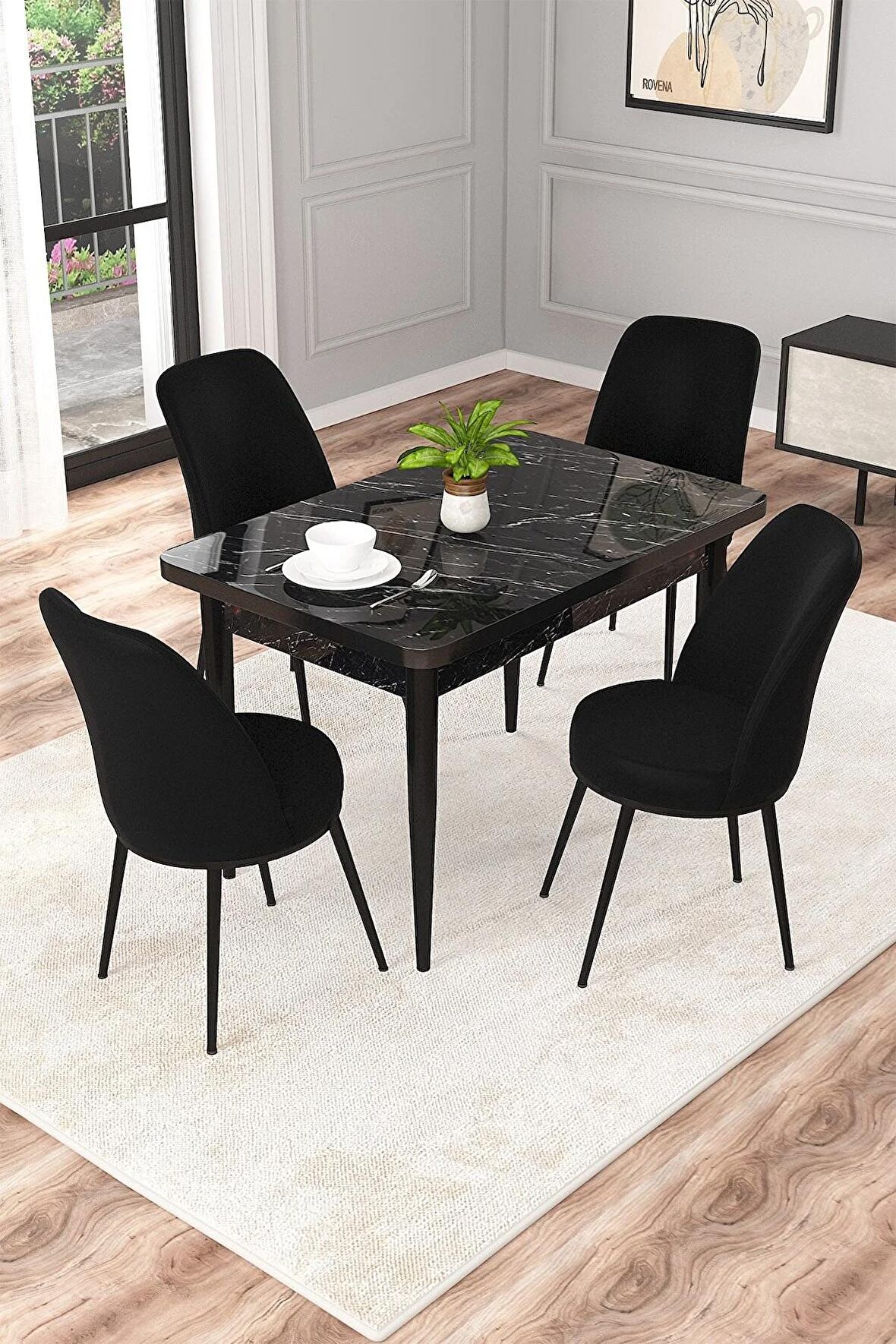 Rovena Duru Siyah Mermer 70x110 Sabit Mdf Yemek Odası Takımı 4 Adet Sandalye