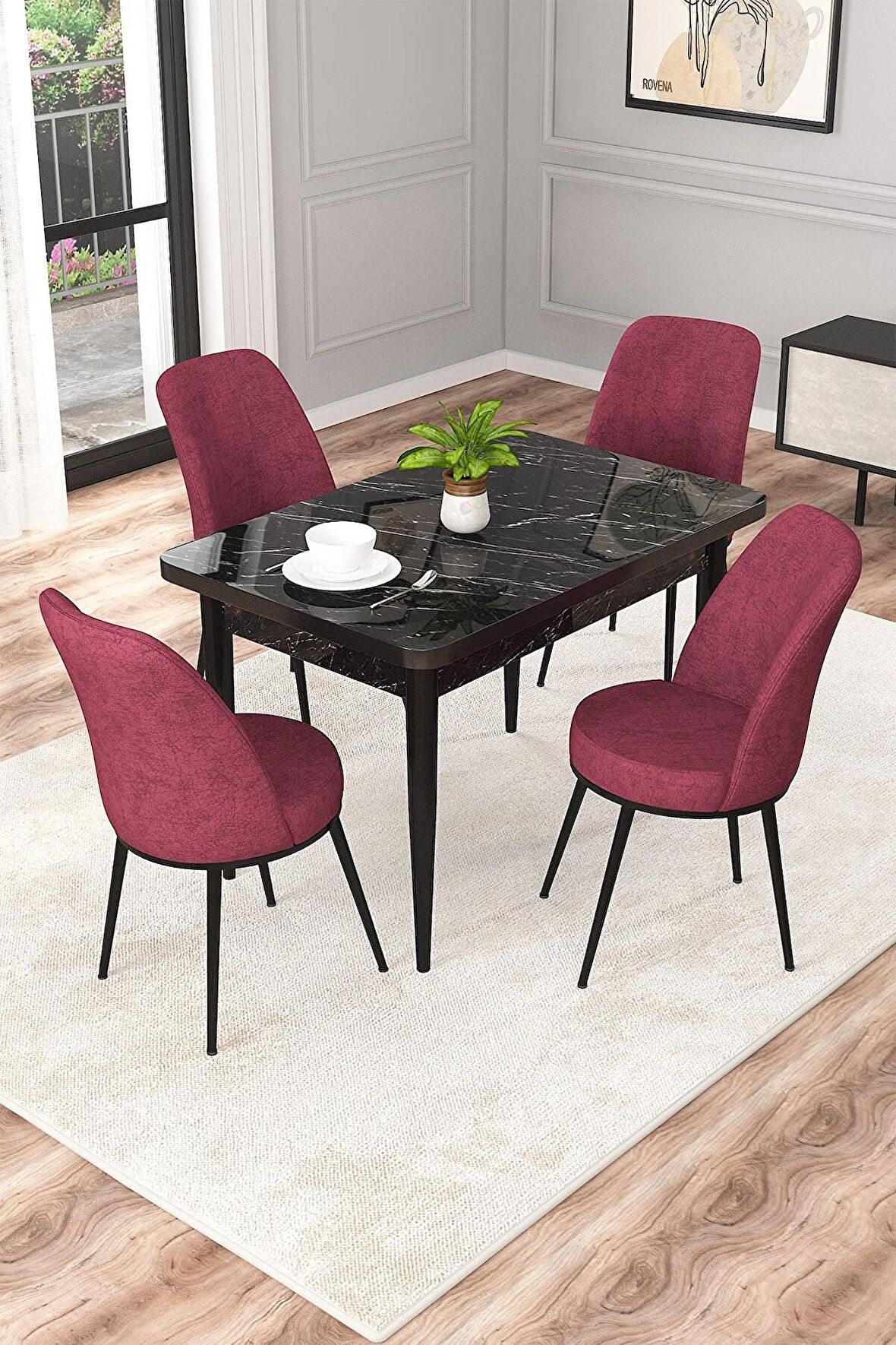 Rovena Duru Siyah Mermer 70x110 Sabit Mdf Yemek Odası Takımı 4 Adet Sandalye