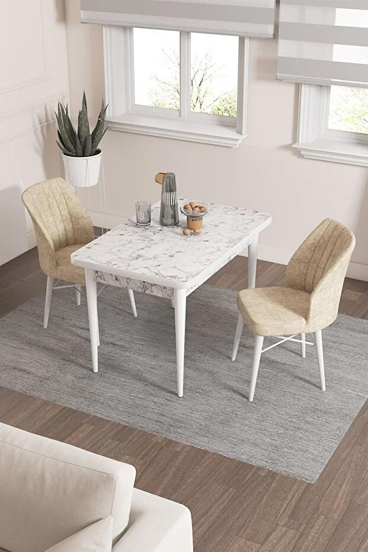 Rovena Neri Beyaz Mermer 70x110 Sabit Suntalam Yemek Odası Takımı 2 Adet Sandalye