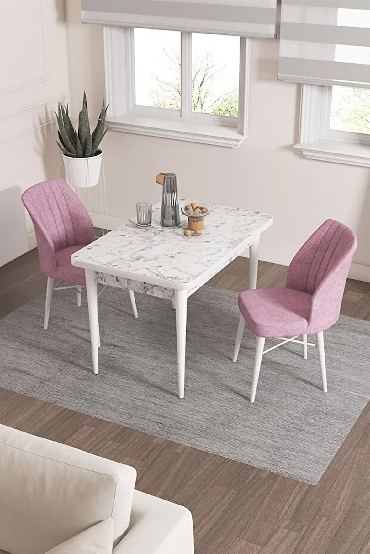 Rovena Neri Beyaz Mermer 70x110 Sabit Suntalam Yemek Odası Takımı 2 Adet Sandalye