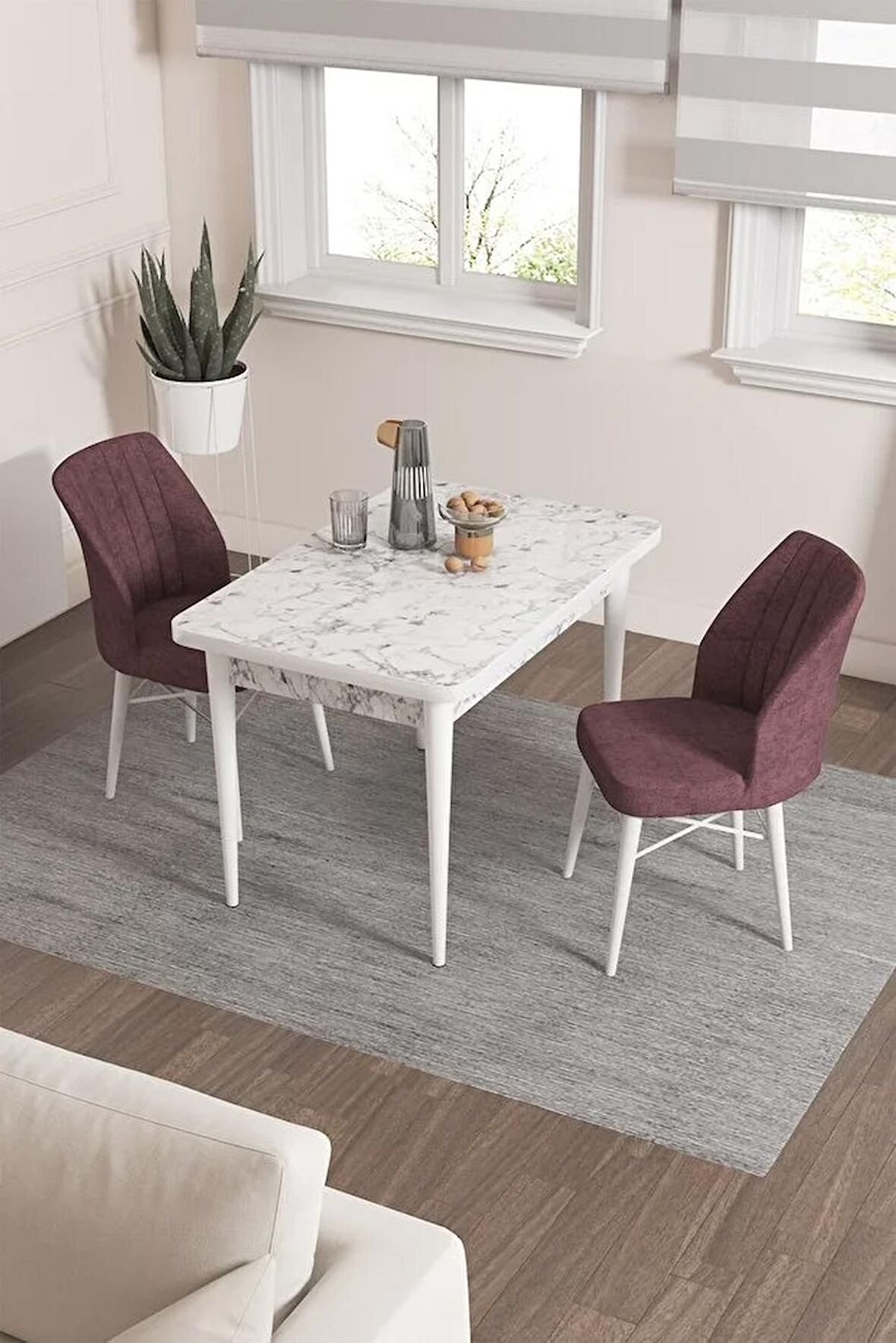 Rovena Neri Beyaz Mermer 70x110 Sabit Suntalam Yemek Odası Takımı 2 Adet Sandalye