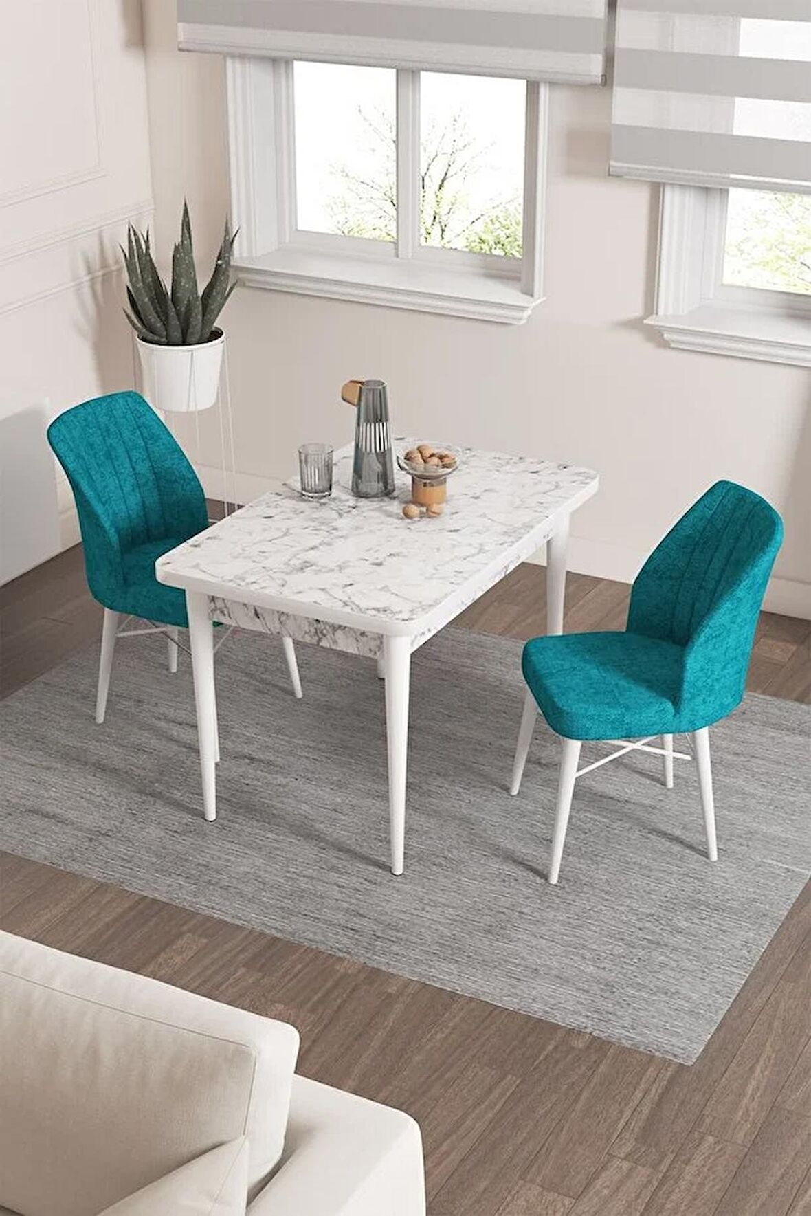 Rovena Neri Beyaz Mermer 70x110 Sabit Suntalam Yemek Odası Takımı 2 Adet Sandalye