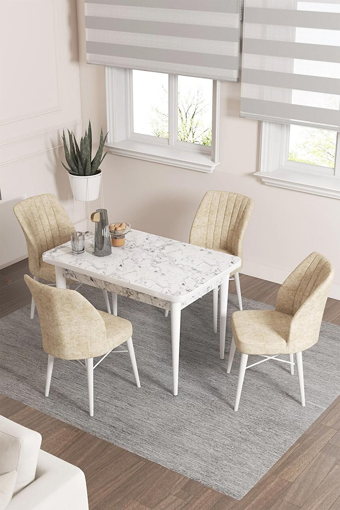 Rovena Neri Beyaz Mermer 70x110 Sabit Suntalam Yemek Odası Takımı 4 Adet Sandalye