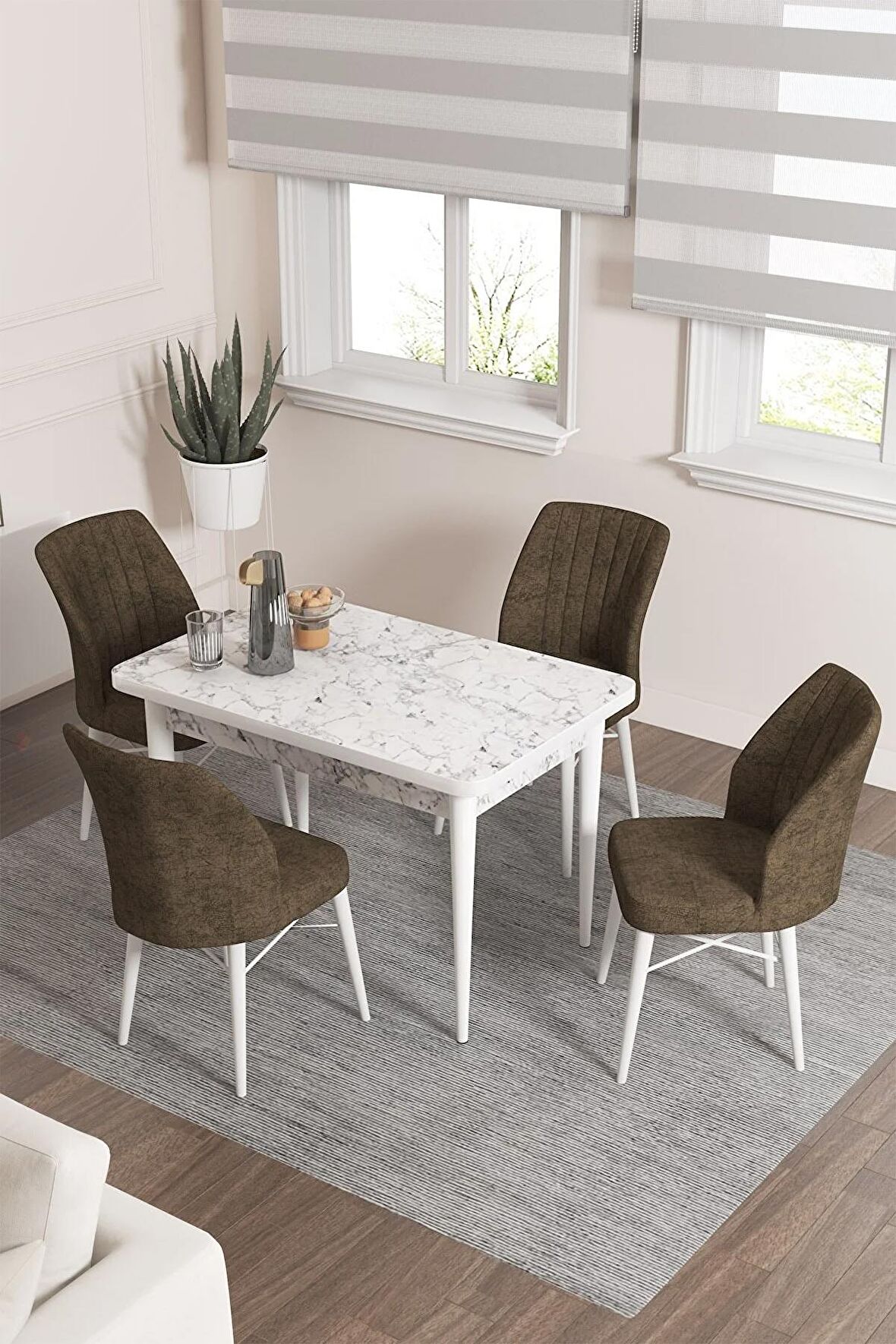 Rovena Neri Beyaz Mermer 70x110 Sabit Suntalam Yemek Odası Takımı 4 Adet Sandalye