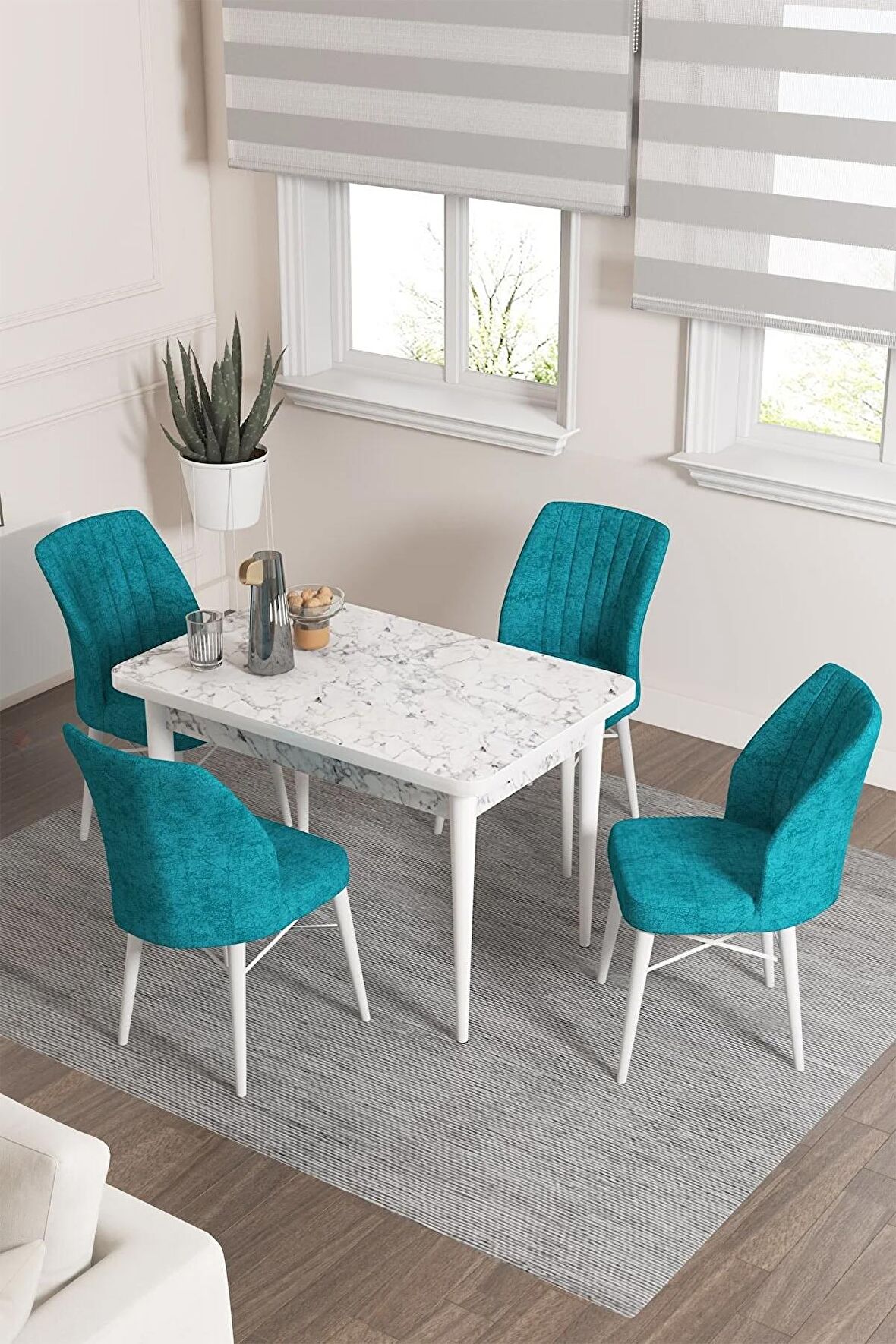 Rovena Neri Beyaz Mermer 70x110 Sabit Suntalam Yemek Odası Takımı 4 Adet Sandalye