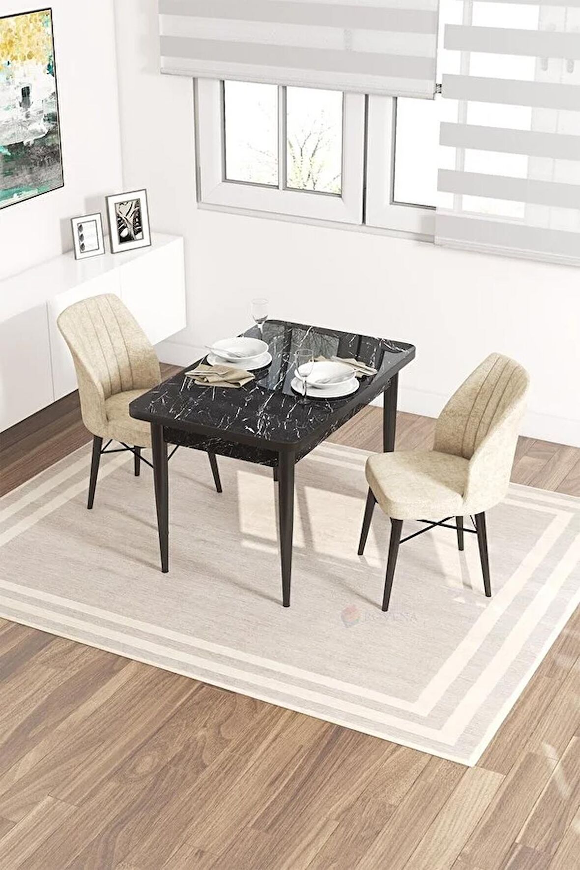 Rovena Neri Siyah Mermer 70x110 Sabit Suntalam Yemek Odası Takımı 2 Adet Sandalye