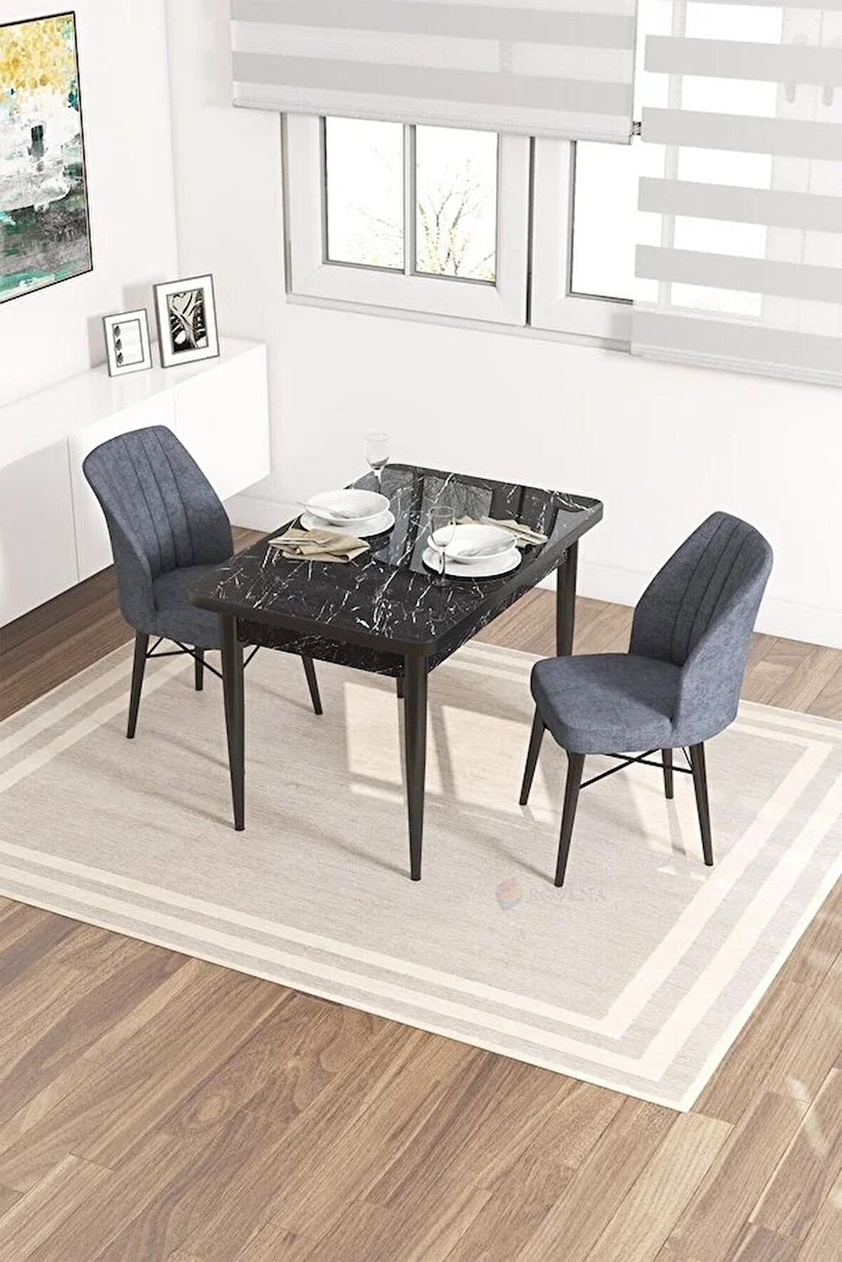 Rovena Neri Siyah Mermer 70x110 Sabit Suntalam Yemek Odası Takımı 2 Adet Sandalye