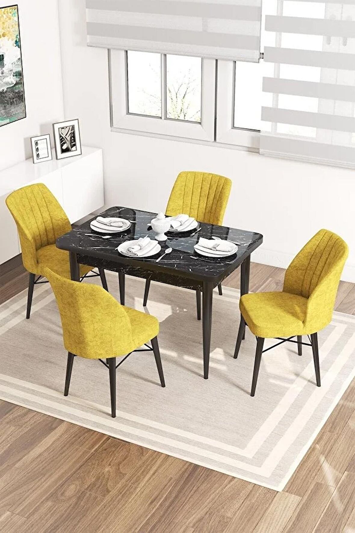 Rovena Neri Siyah Mermer 70x110 Sabit Suntalam Yemek Odası Takımı 4 Adet Sandalye