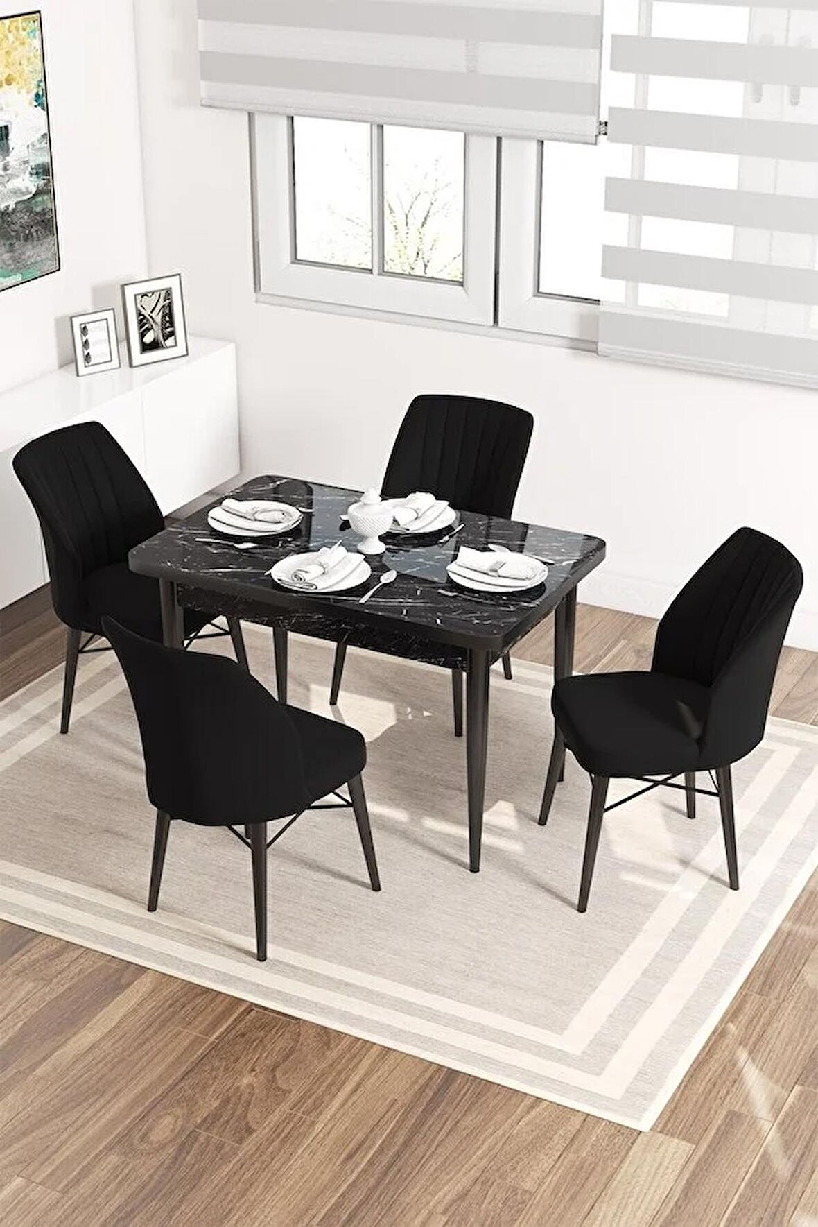 Rovena Neri Siyah Mermer 70x110 Sabit Suntalam Yemek Odası Takımı 4 Adet Sandalye