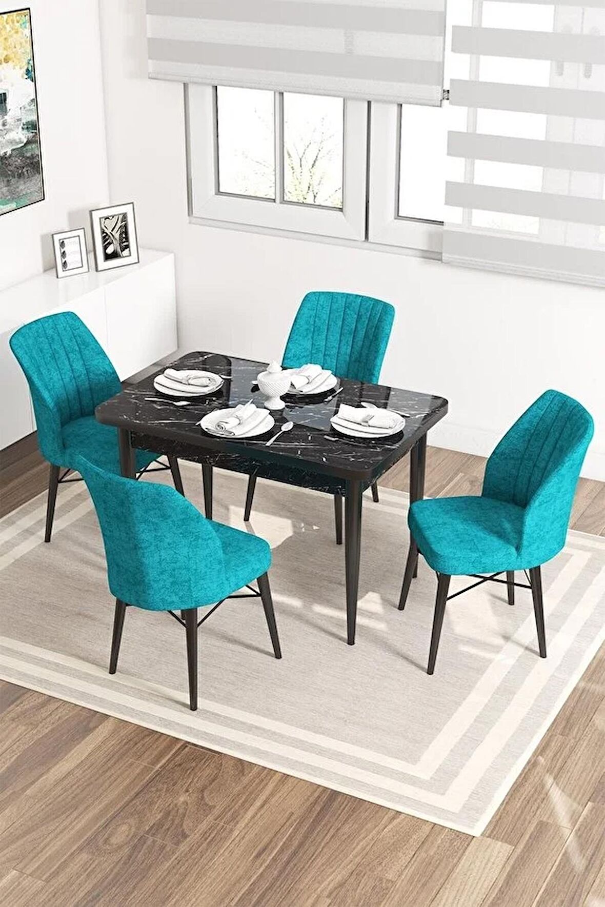 Rovena Neri Siyah Mermer 70x110 Sabit Suntalam Yemek Odası Takımı 4 Adet Sandalye