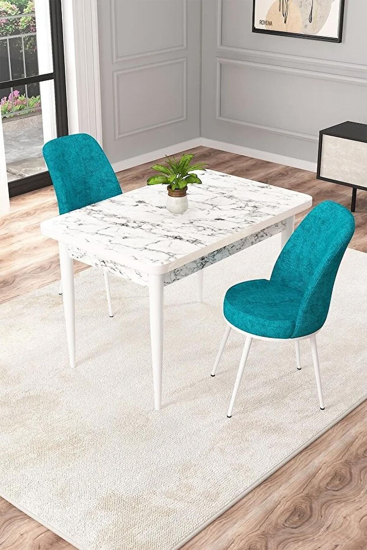 Rovena Raum Beyaz Mermer 70x110 Sabit Suntalam Yemek Odası Takımı 2 Adet Sandalye