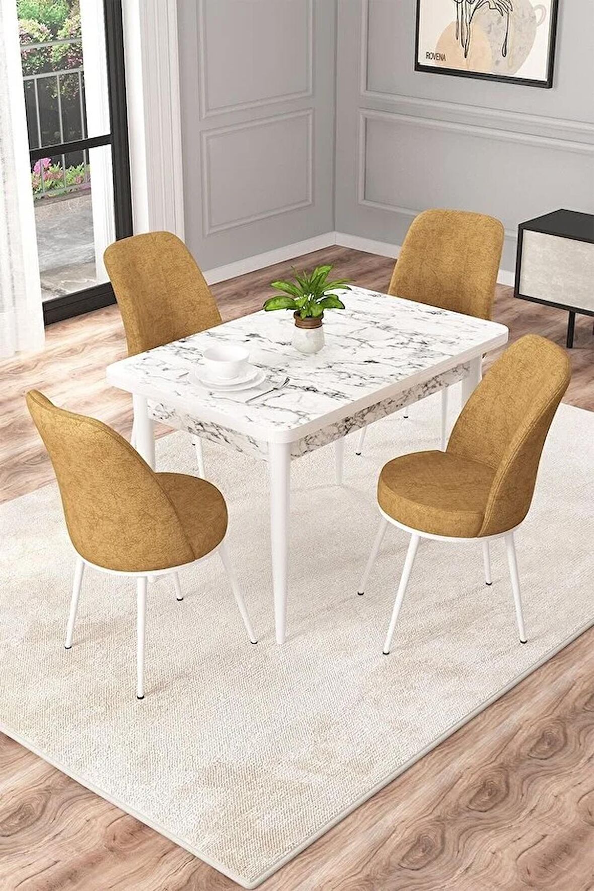 Rovena Raum Beyaz Mermer 70x110 Sabit Suntalam Yemek Odası Takımı 4 Adet Sandalye